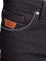 Close-up of black denim jeans front pocket with contrast stitching and leather Wam Denim tag – Wam Denim.