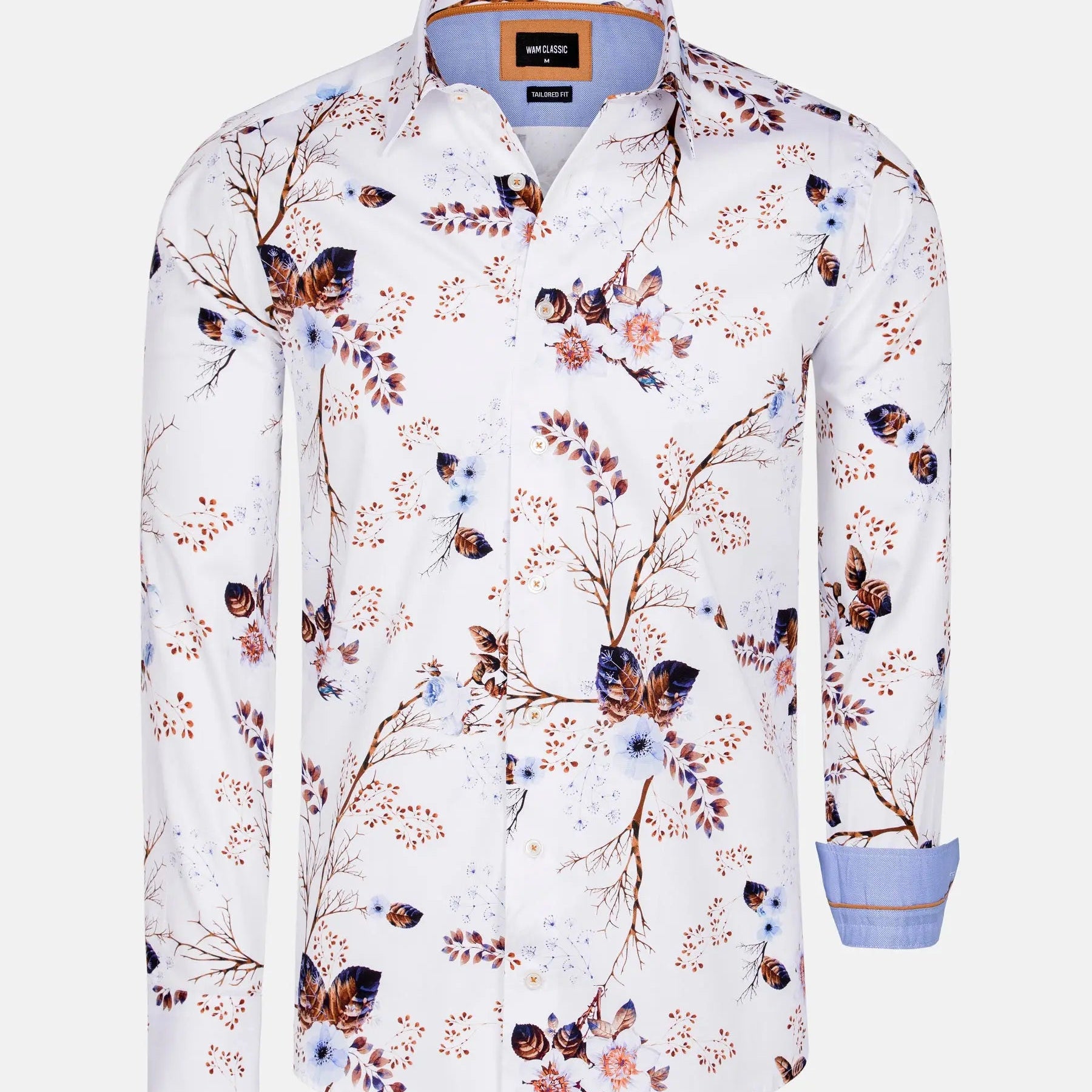 Floral patterned shirt with a brand label on a white background