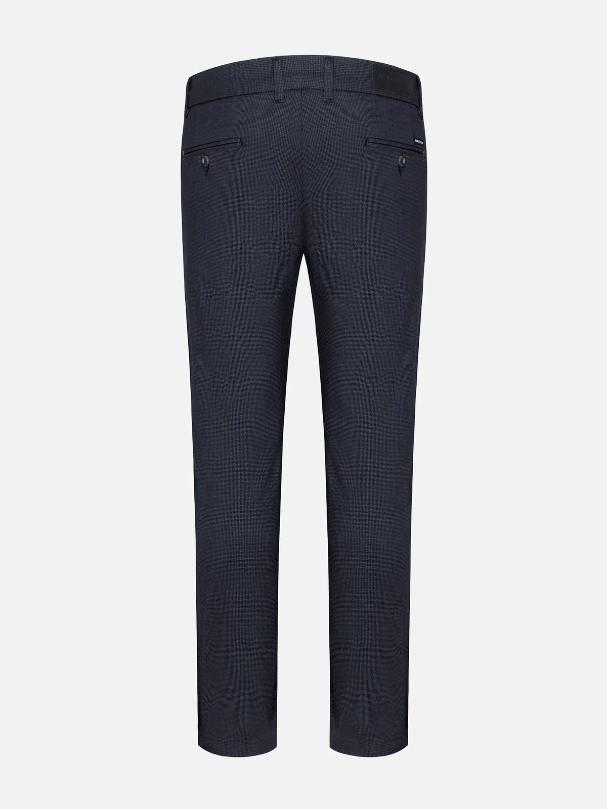 Back view of navy slim-fit chinos with buttoned welt pockets and belt loops – Wam Denim.