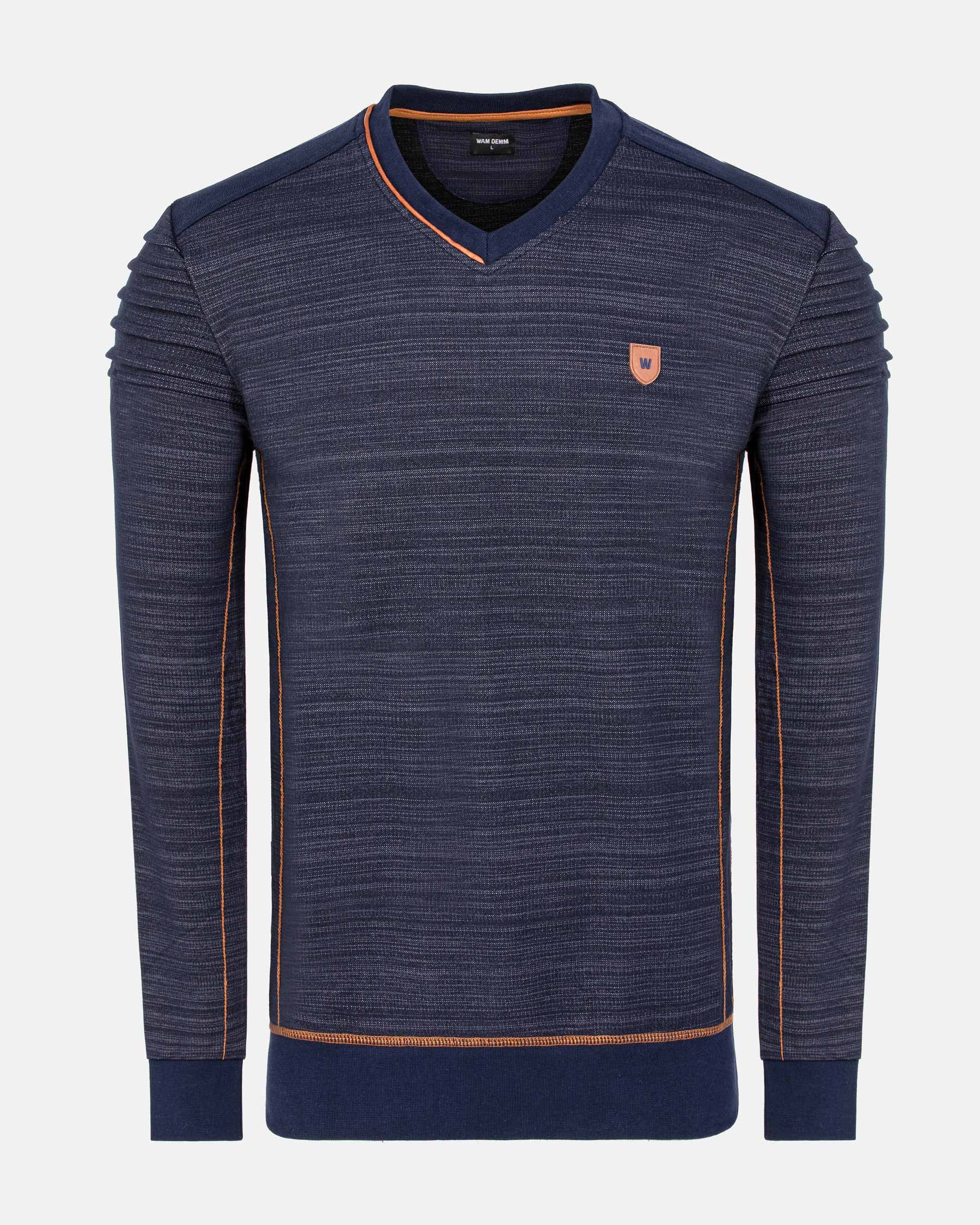 Navy sweater with orange accents on a white background