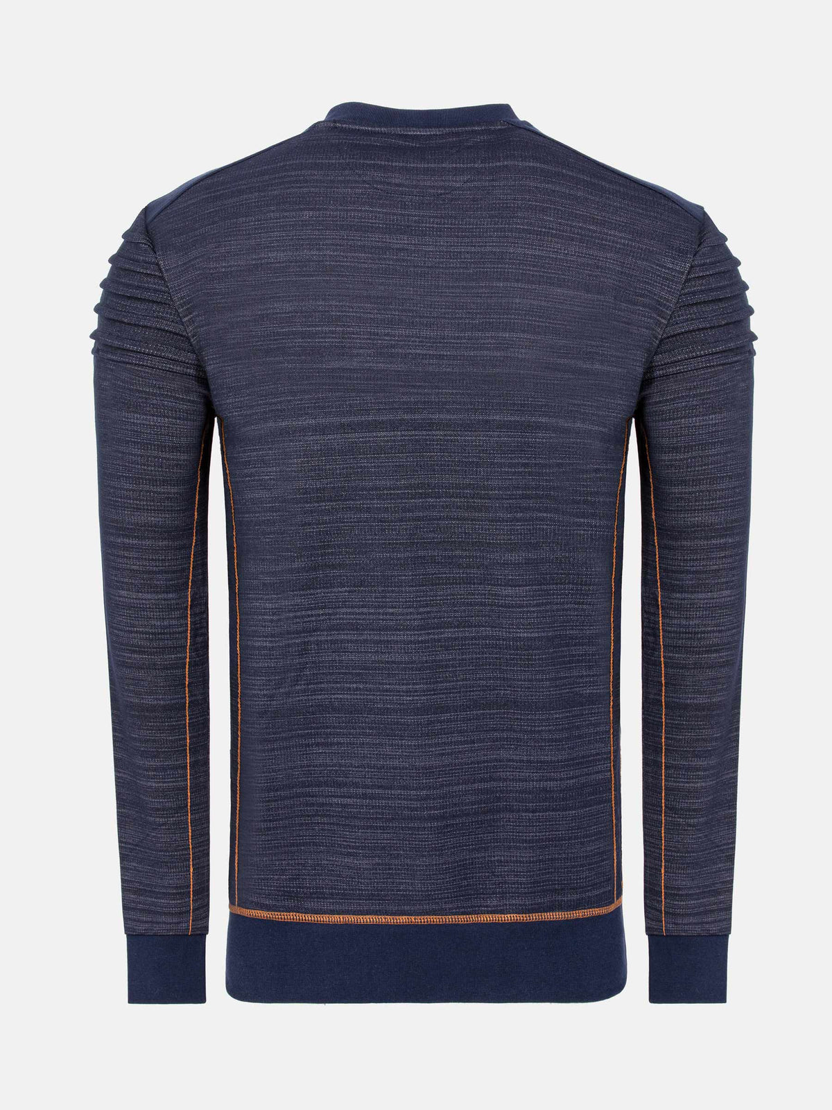 Navy sweater with brown trim on a white background