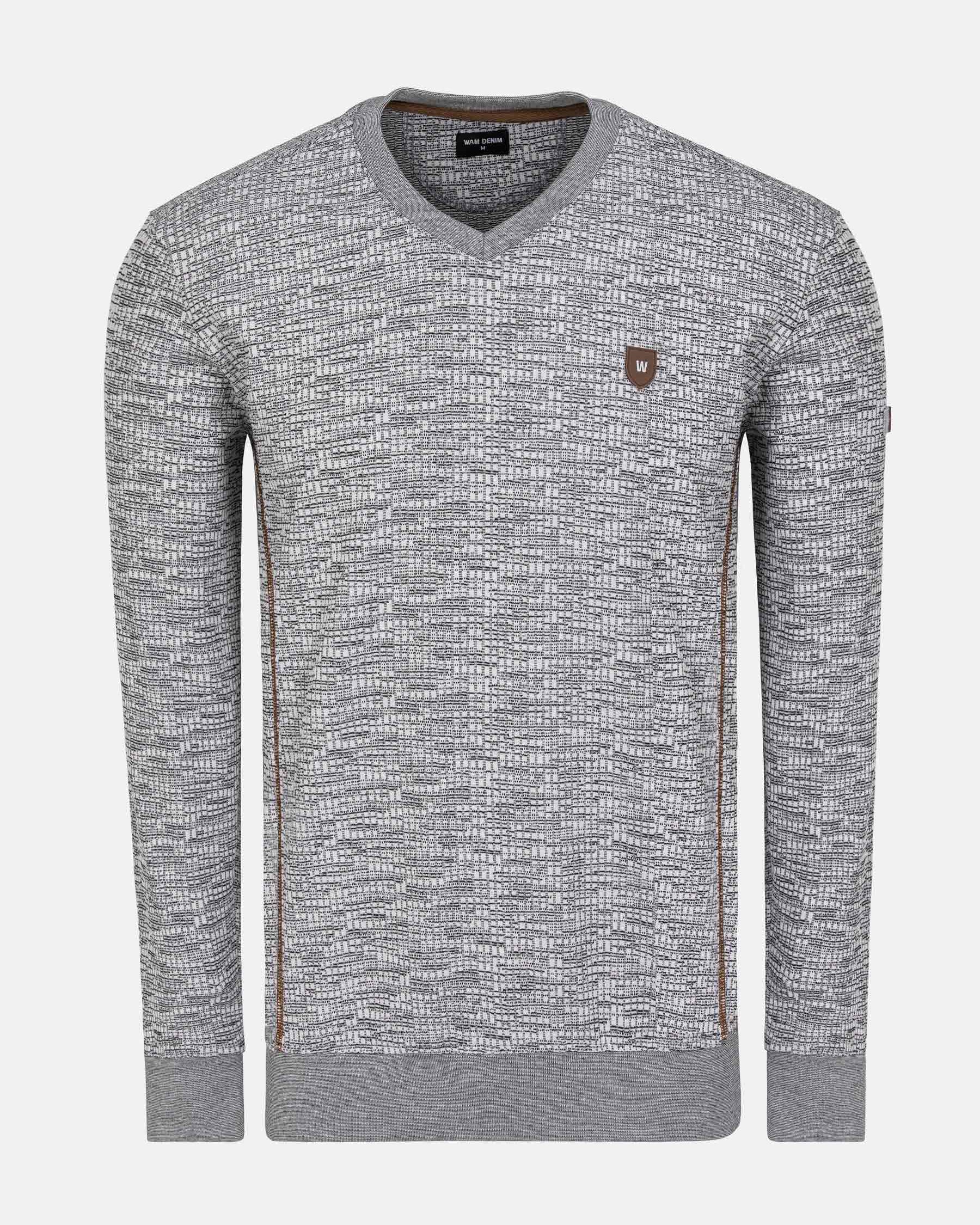 Grey textured men's V-neck sweater with brown side stripes – Wam Denim.