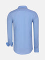 Back view of light blue men’s dress shirt with long sleeves and classic collar – Wam Denim.