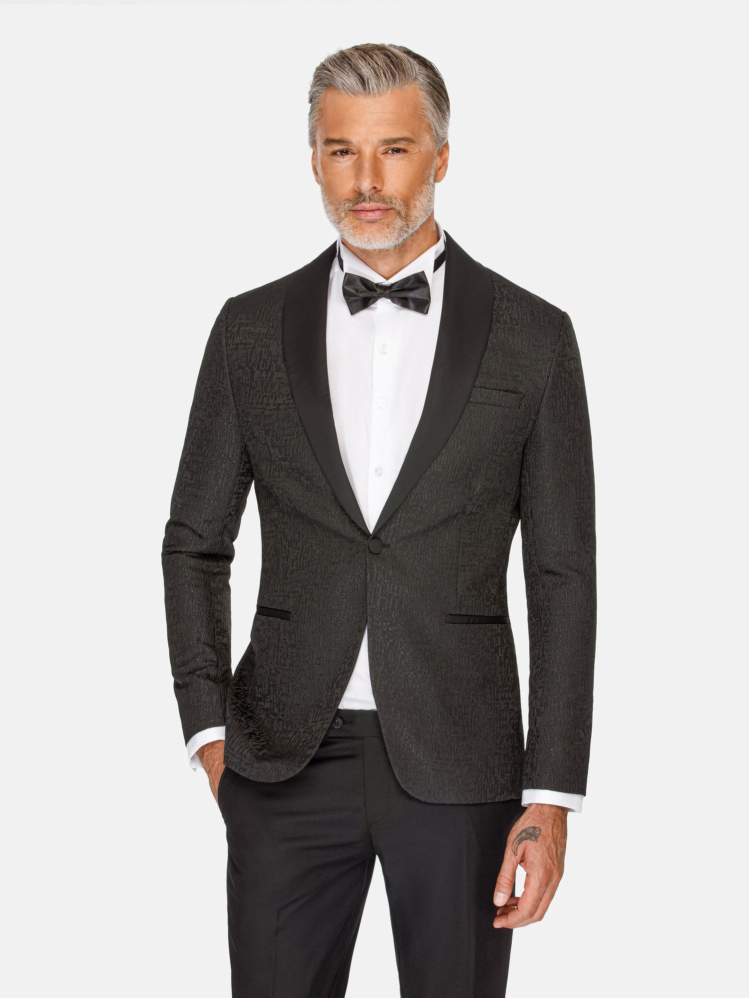 Slim Fit Textured Blk Tuxedo Blazer 56