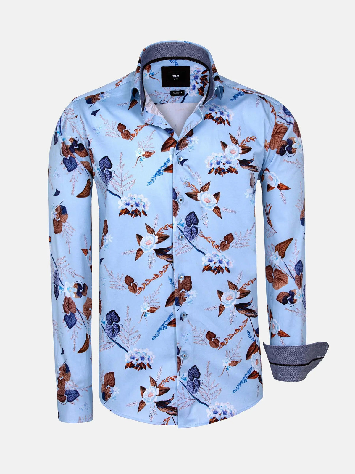 Light blue floral print long sleeve shirt with brown and navy accents – Wam Denim.