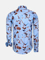 Back view of light blue floral print long sleeve shirt with brown and navy details – Wam Denim.