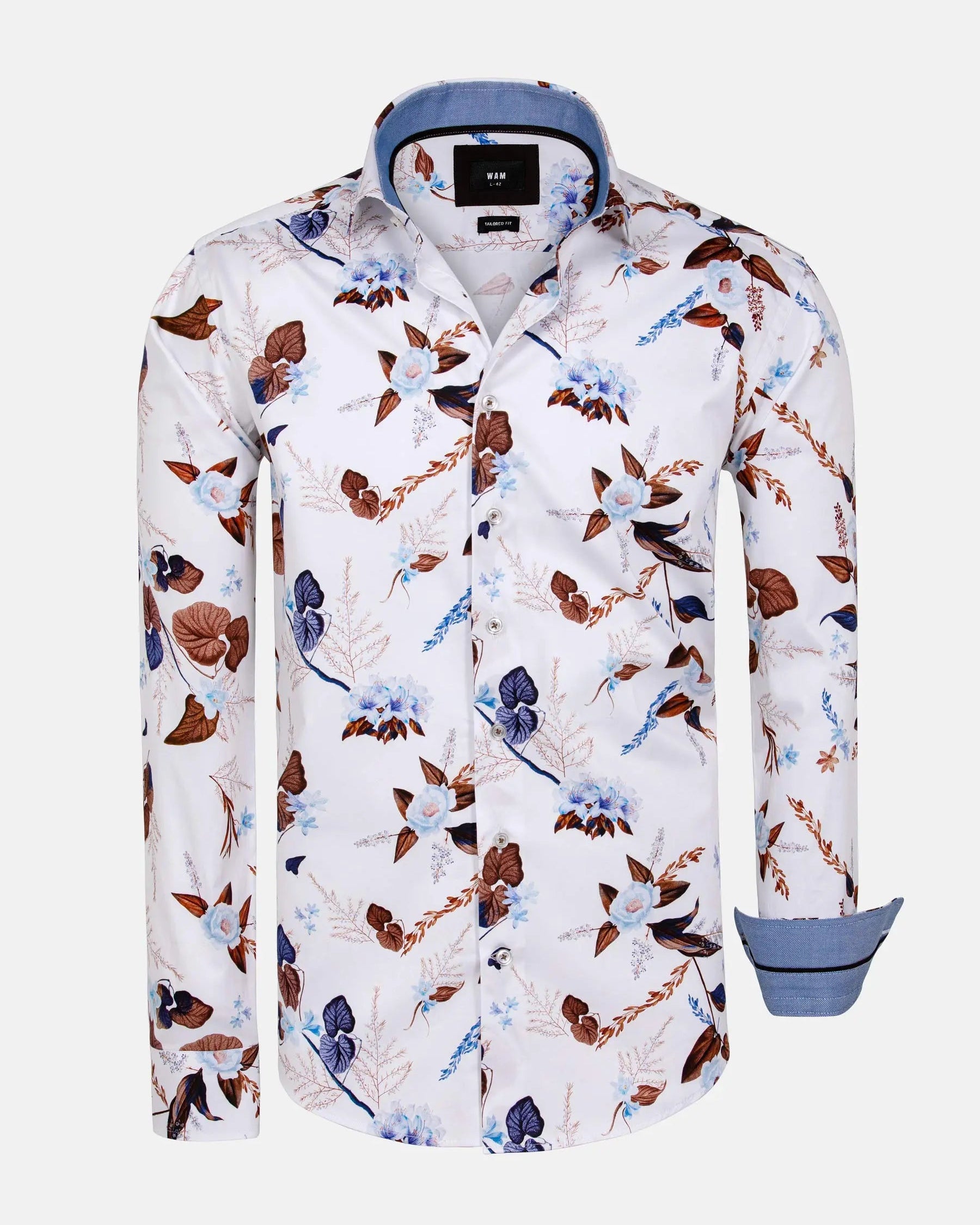 White floral long-sleeve shirt with blue and brown prints – Wam Denim.