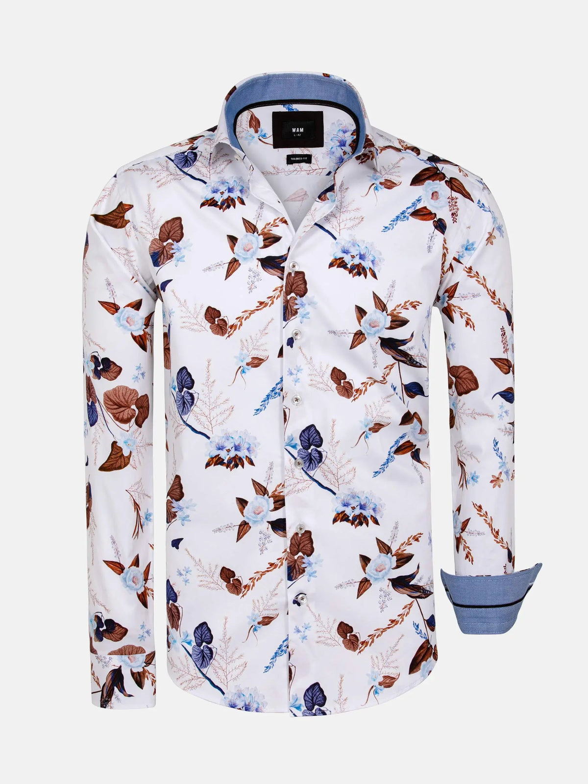 White floral long-sleeve shirt with blue and brown prints – Wam Denim.