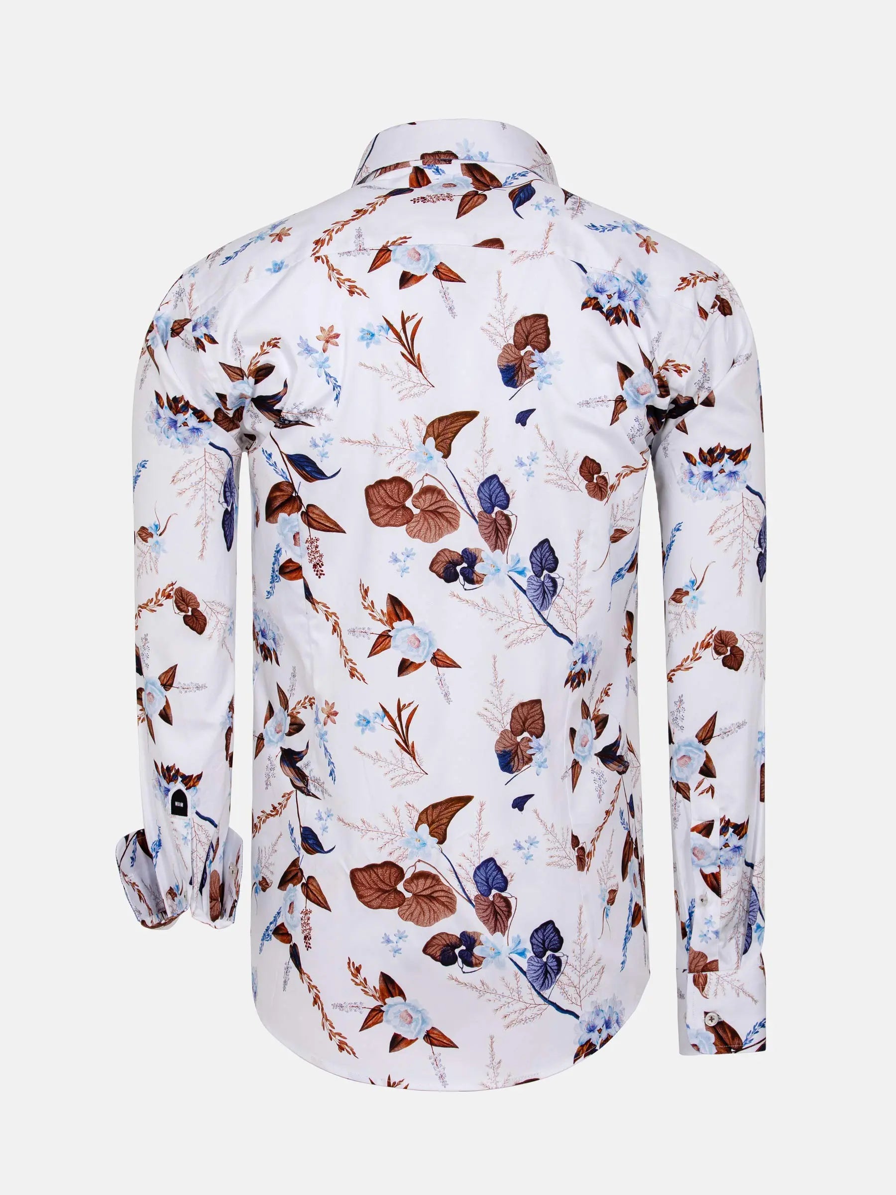 Back view of white floral long-sleeve shirt with blue and brown prints – Wam Denim.