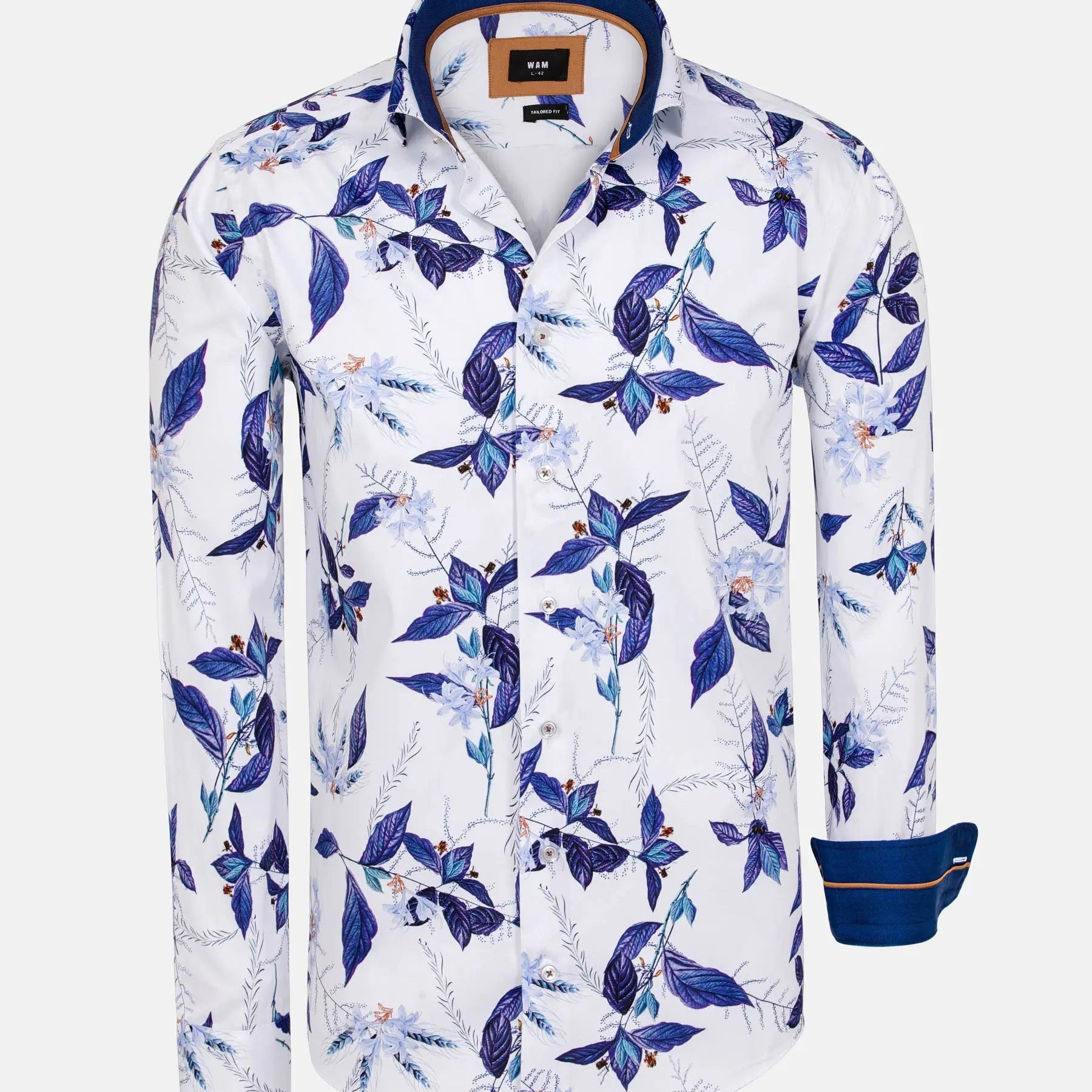 White long-sleeve floral print shirt with blue leaf design and contrast collar – Wam Denim.