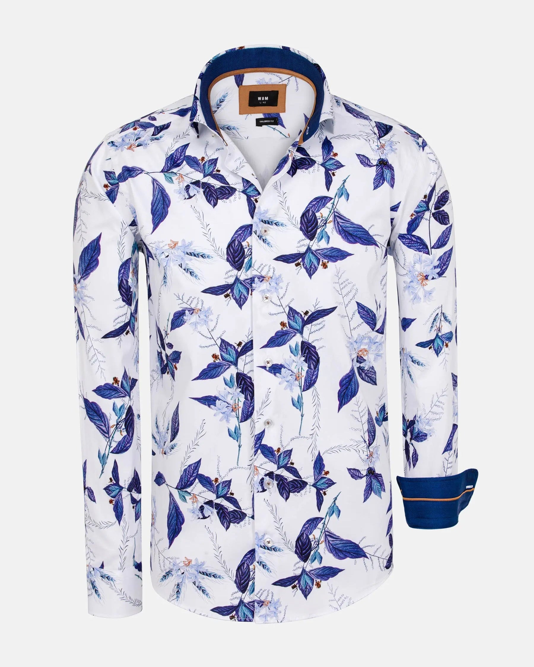 White long-sleeve floral print shirt with blue leaf design and contrast collar – Wam Denim.