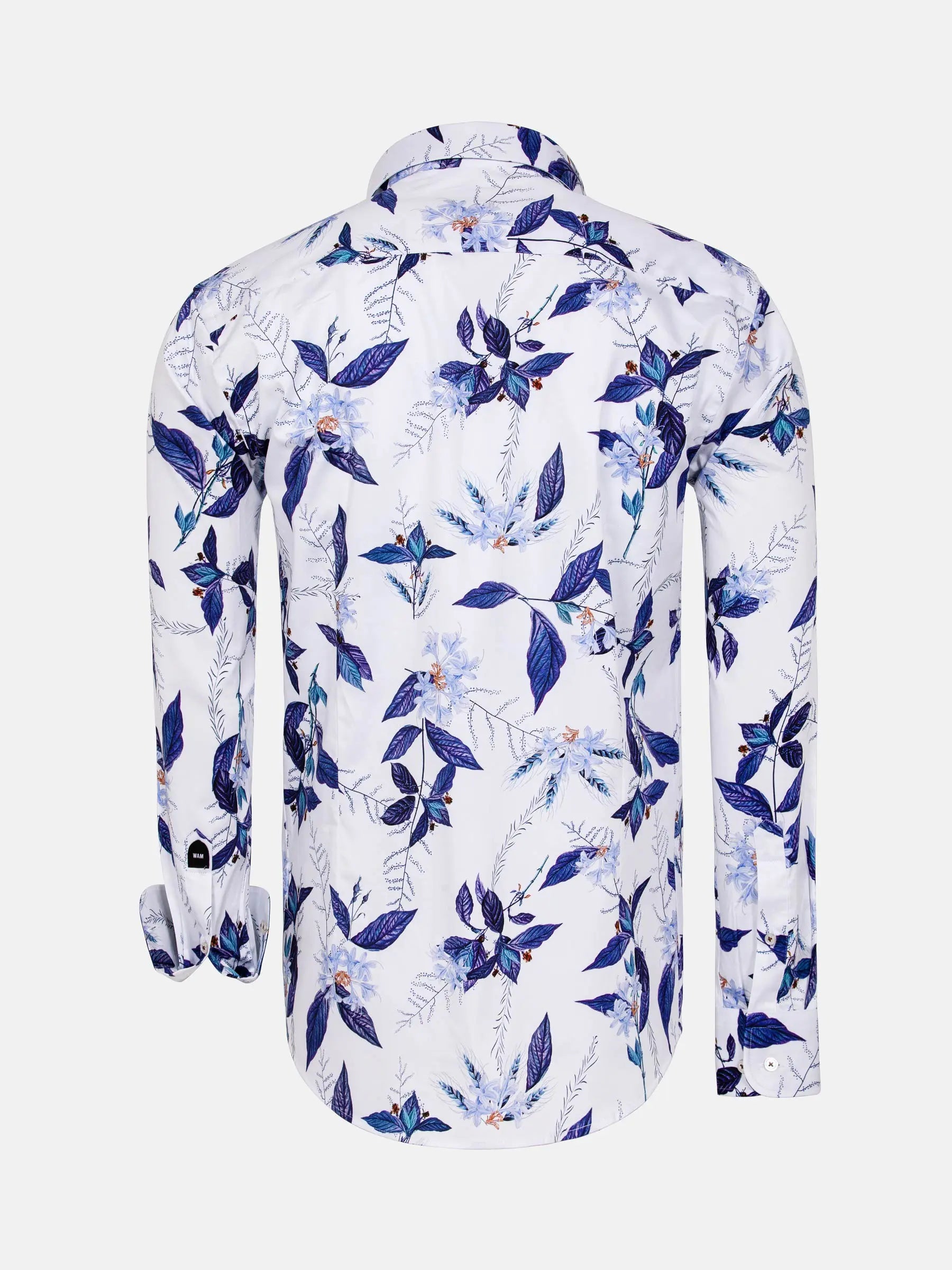Back view of white floral print shirt with blue leaf pattern and button cuffs – Wam Denim.