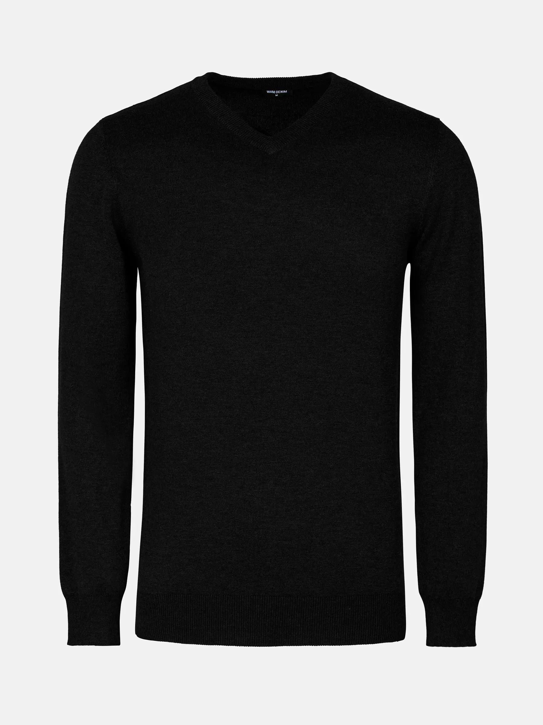 Front view of a black men's V-neck sweater with ribbed trim – Wam Denim.