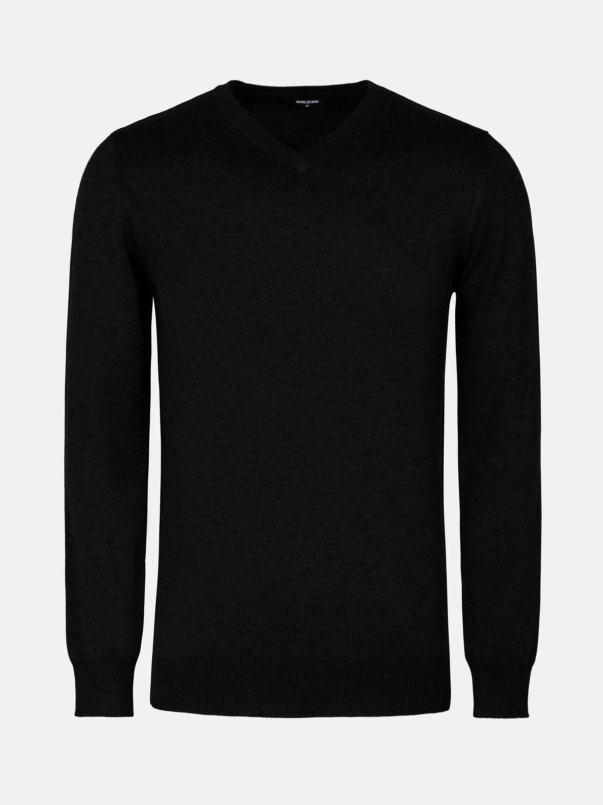 Front view of a black men's V-neck sweater with ribbed trim – Wam Denim.