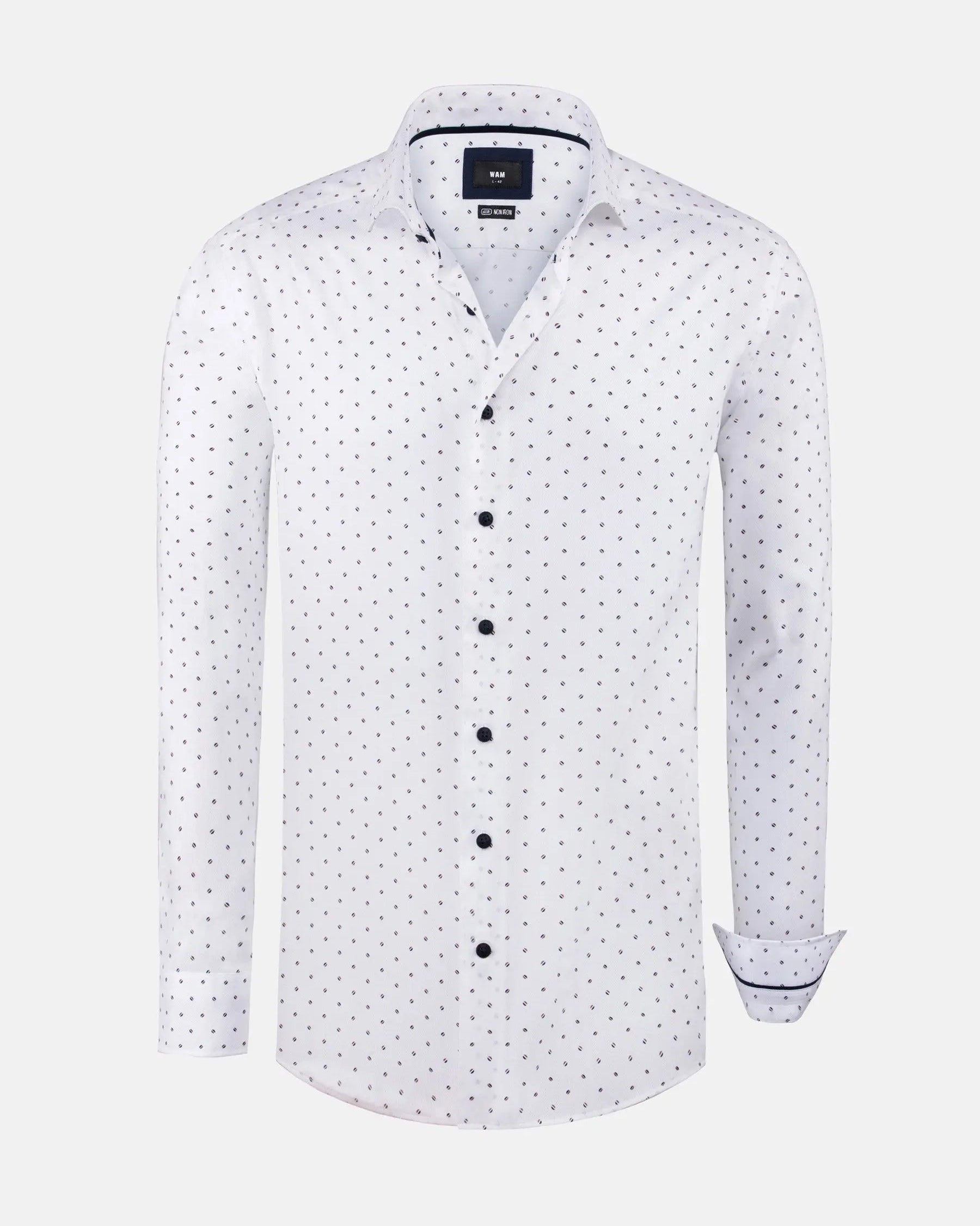 White long sleeve shirt with small navy dot pattern and dark buttons – Wam Denim.