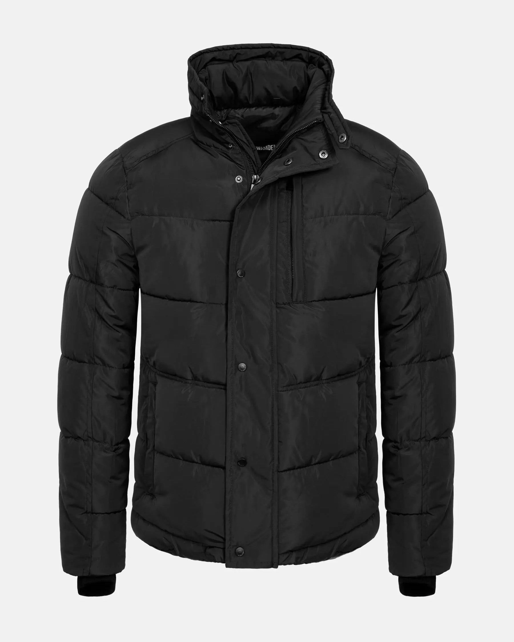 Front view of a black men's puffer jacket with a high collar – Wam Denim.