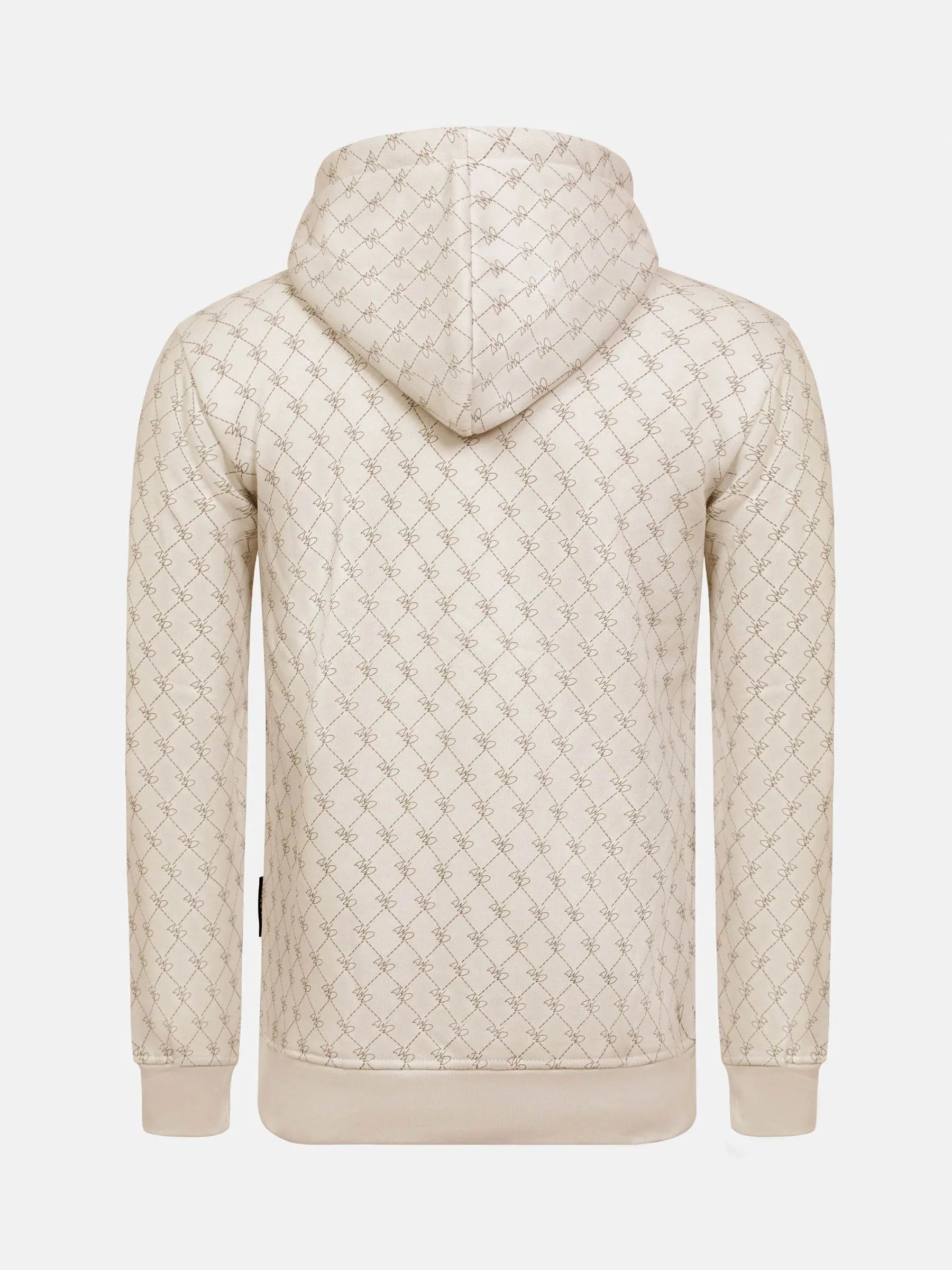 Back view of beige patterned hoodie with geometric print and ribbed cuffs.