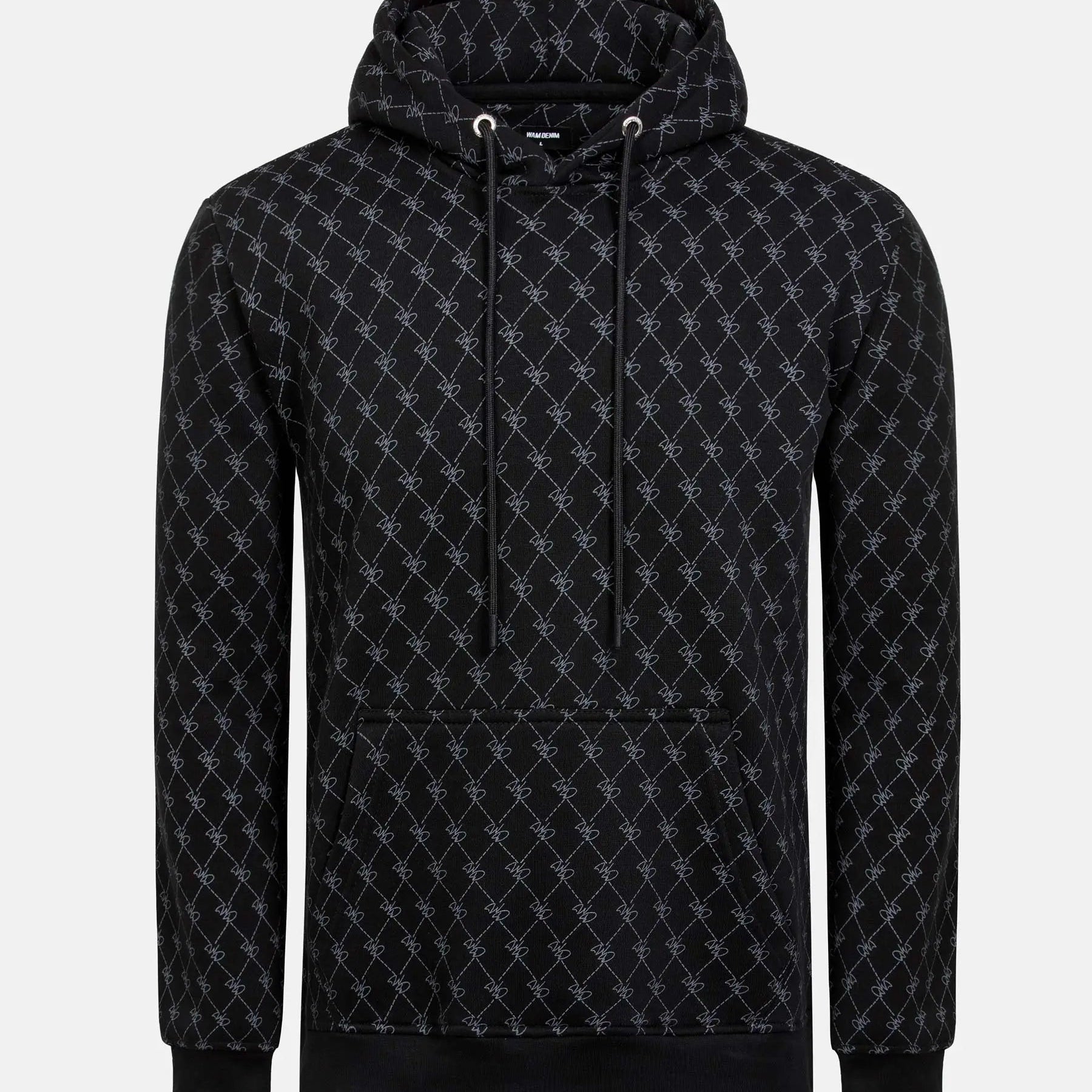 Black patterned hoodie with drawstrings and front pocket, featuring geometric design – Wam Denim.