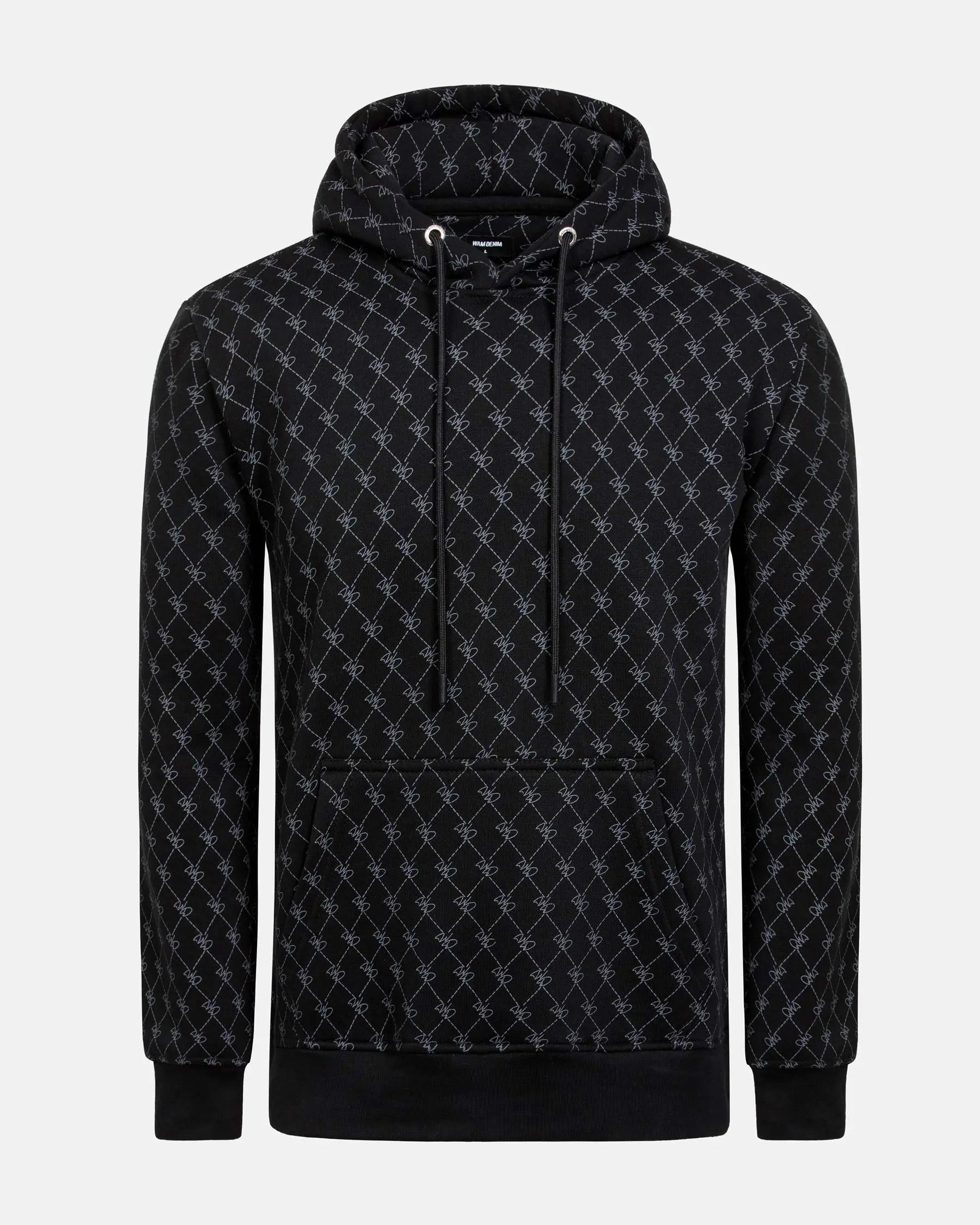 Black patterned hoodie with drawstrings and front pocket, featuring geometric design – Wam Denim.