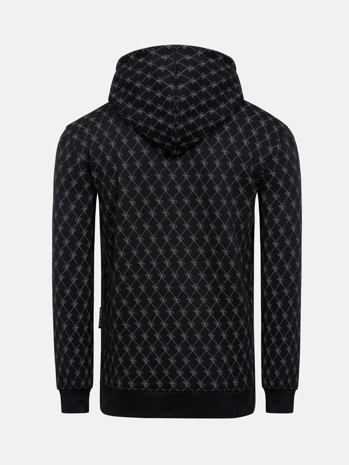 Back view of black patterned hoodie with geometric print and ribbed hem – Wam Denim.
