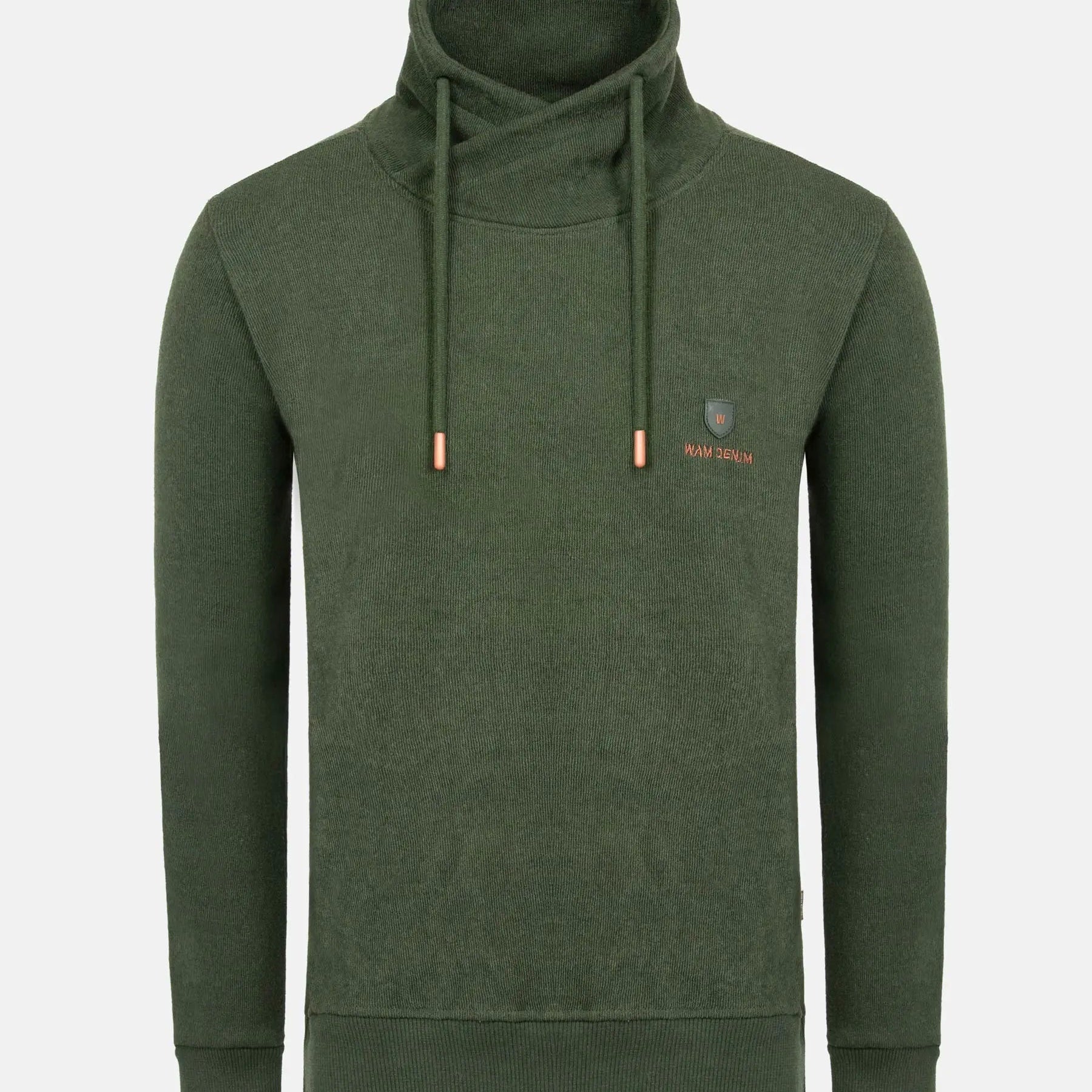 Khaki hoodie with a brand logo on a light gray background