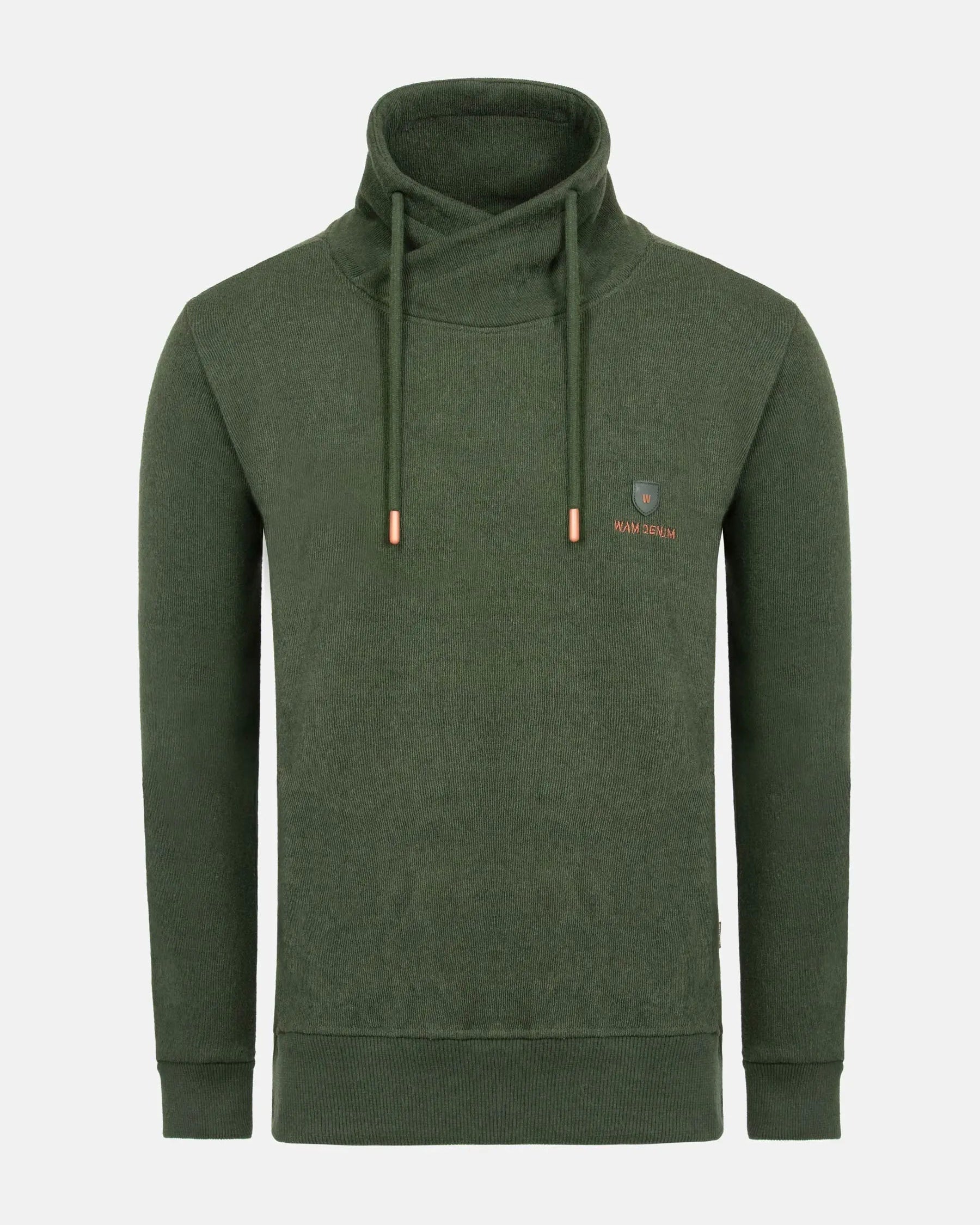 Khaki hoodie with a brand logo on a light gray background