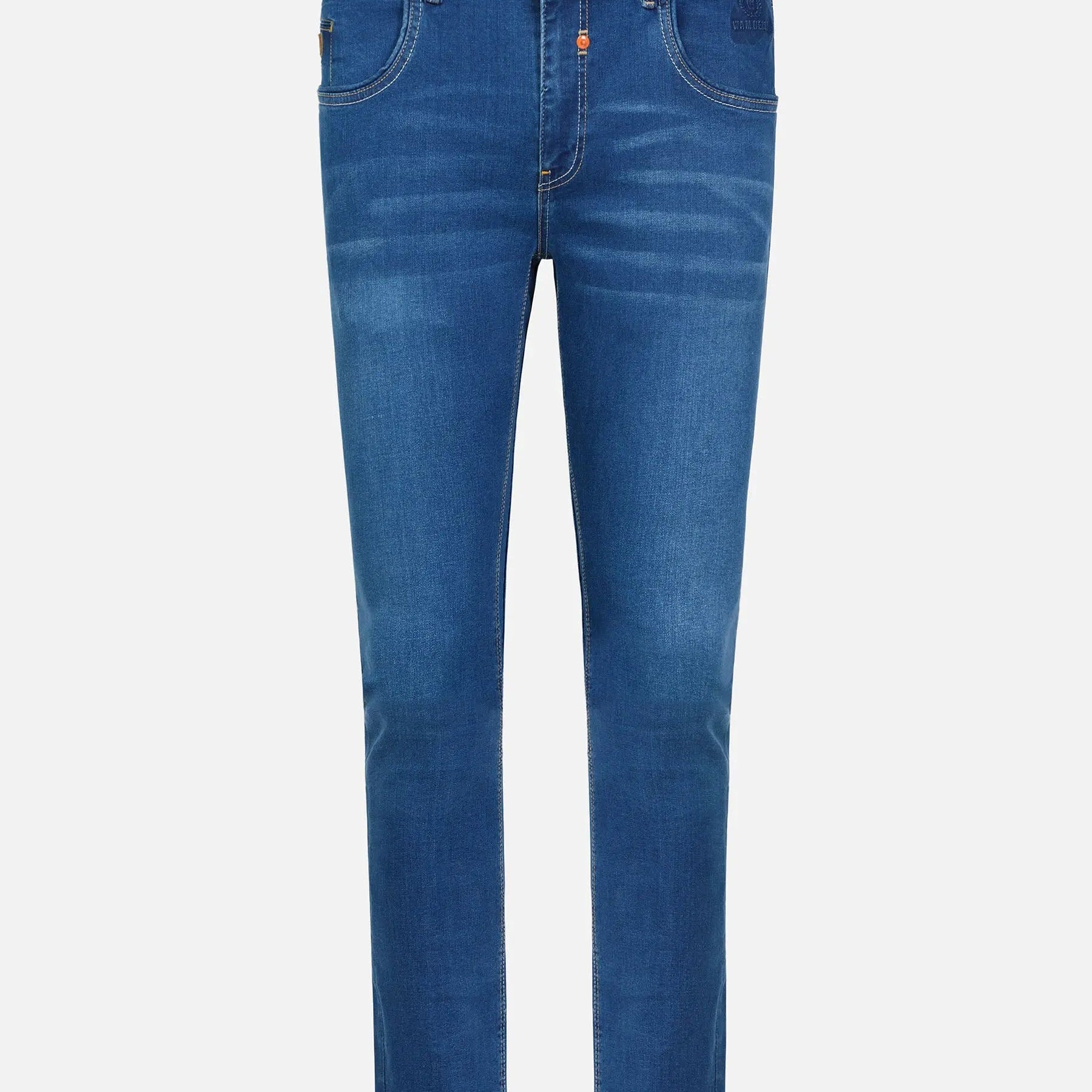 Light blue slim-fit jeans with slight fade and classic pocket design – Wam Denim.