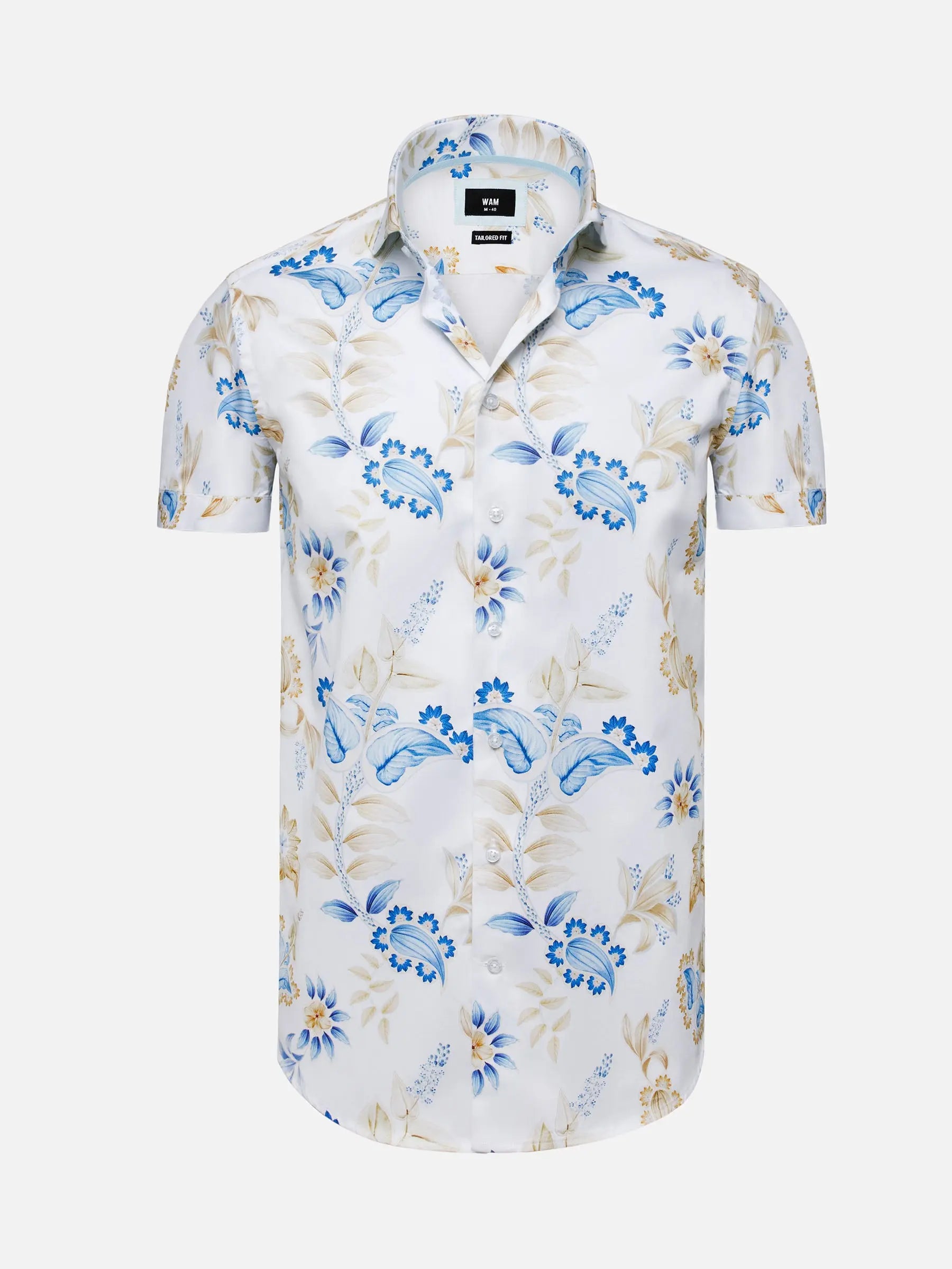 White short sleeve floral print shirt with blue and beige leaf patterns – Wam Denim.