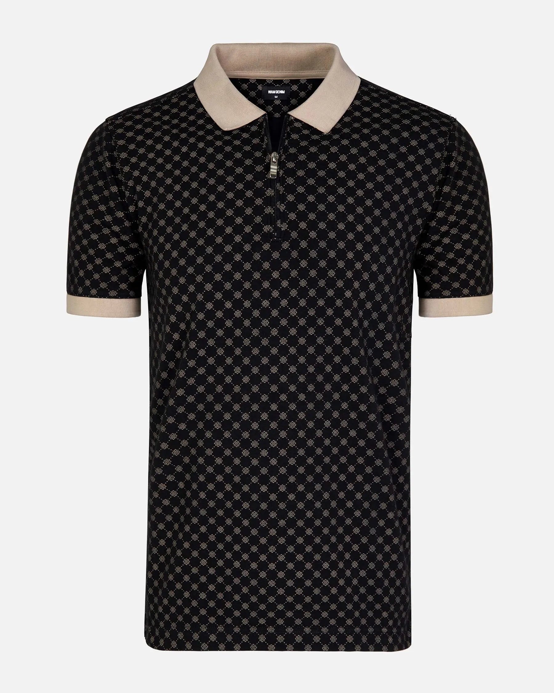 Black and beige geometric knit polo shirt with zipper collar – Wam Denim.
