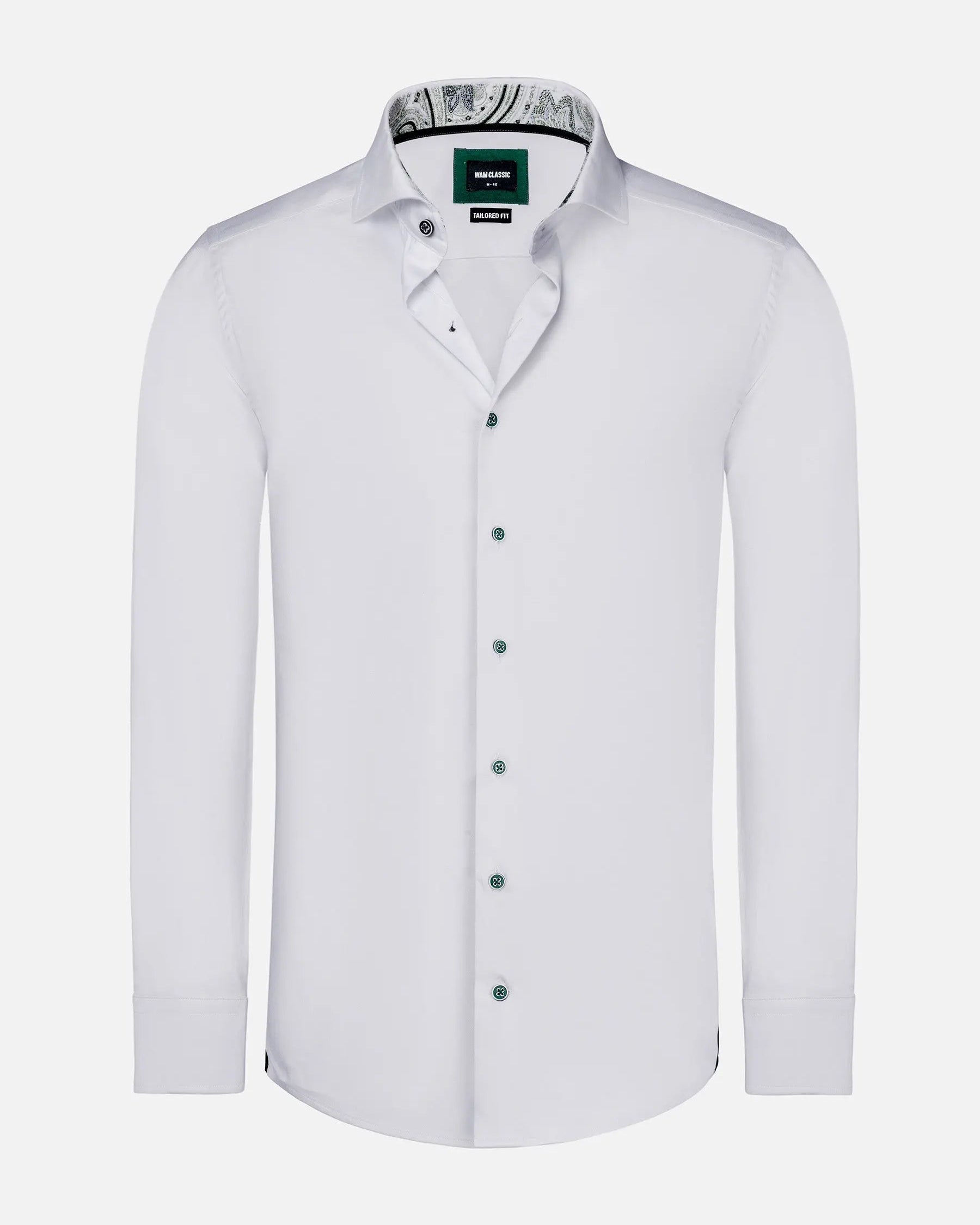 Full-length view of a white men's slim fit shirt – Wam Denim.