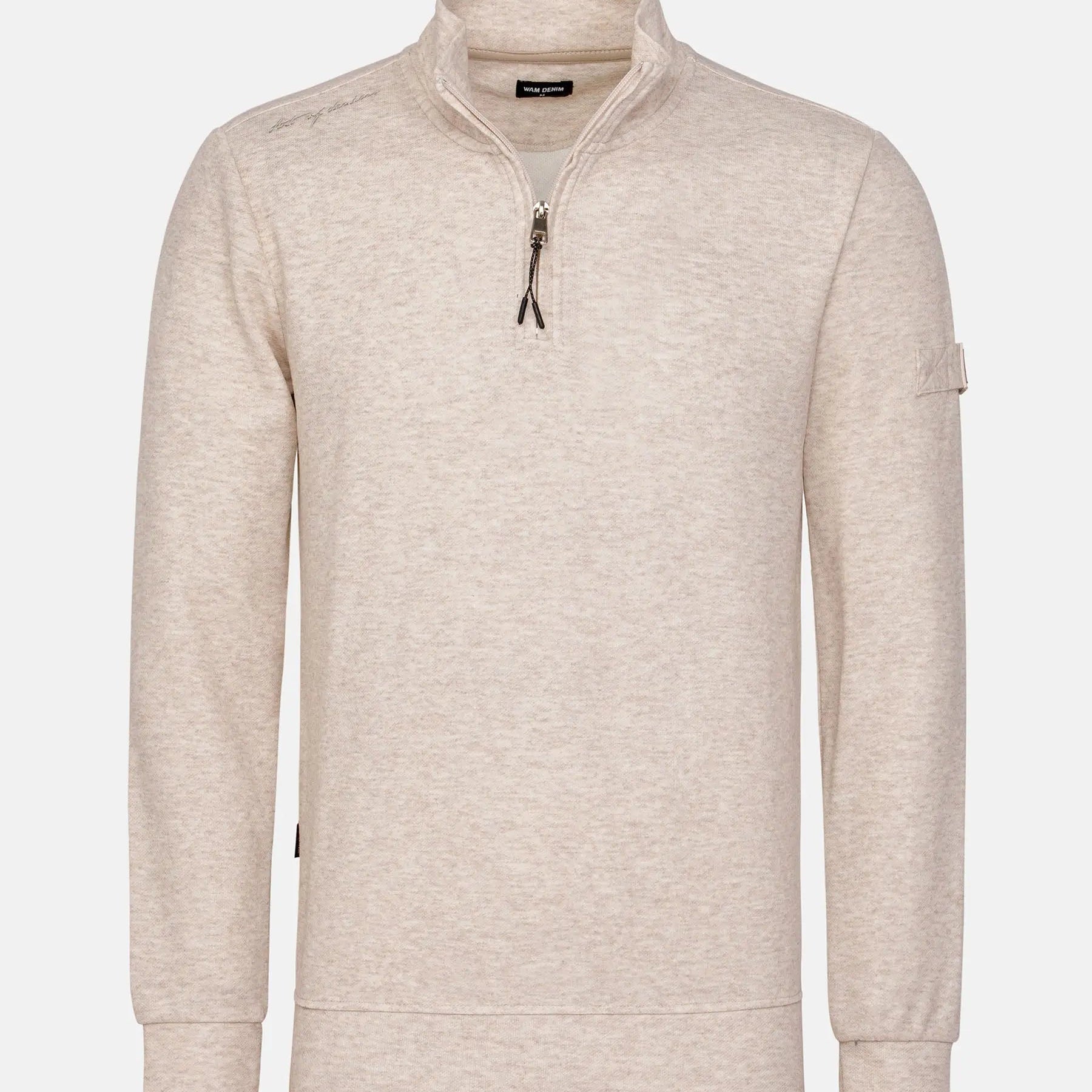 Beige half-zip sweatshirt on a white background