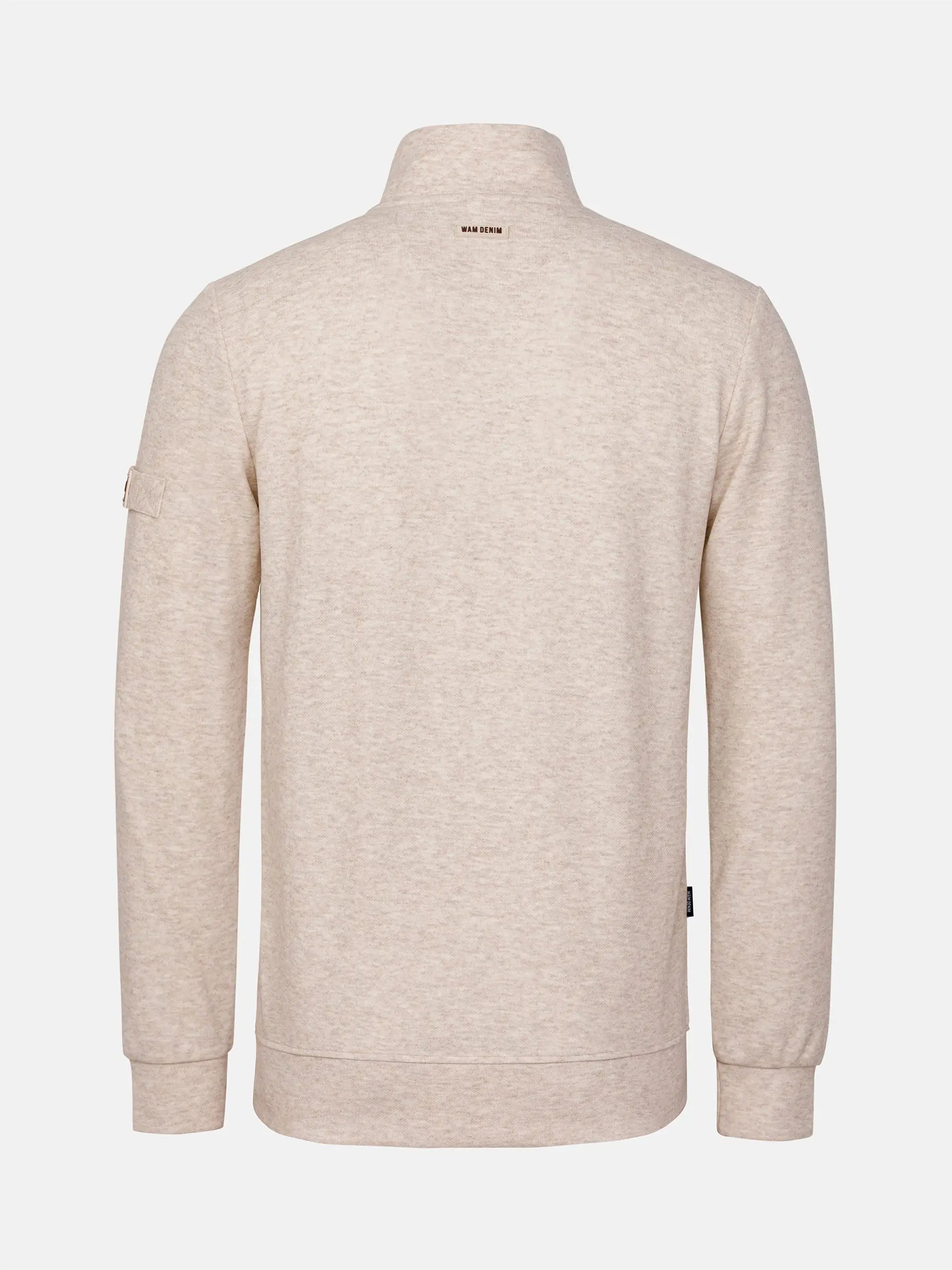 Beige sweater with a brand logo on a white background