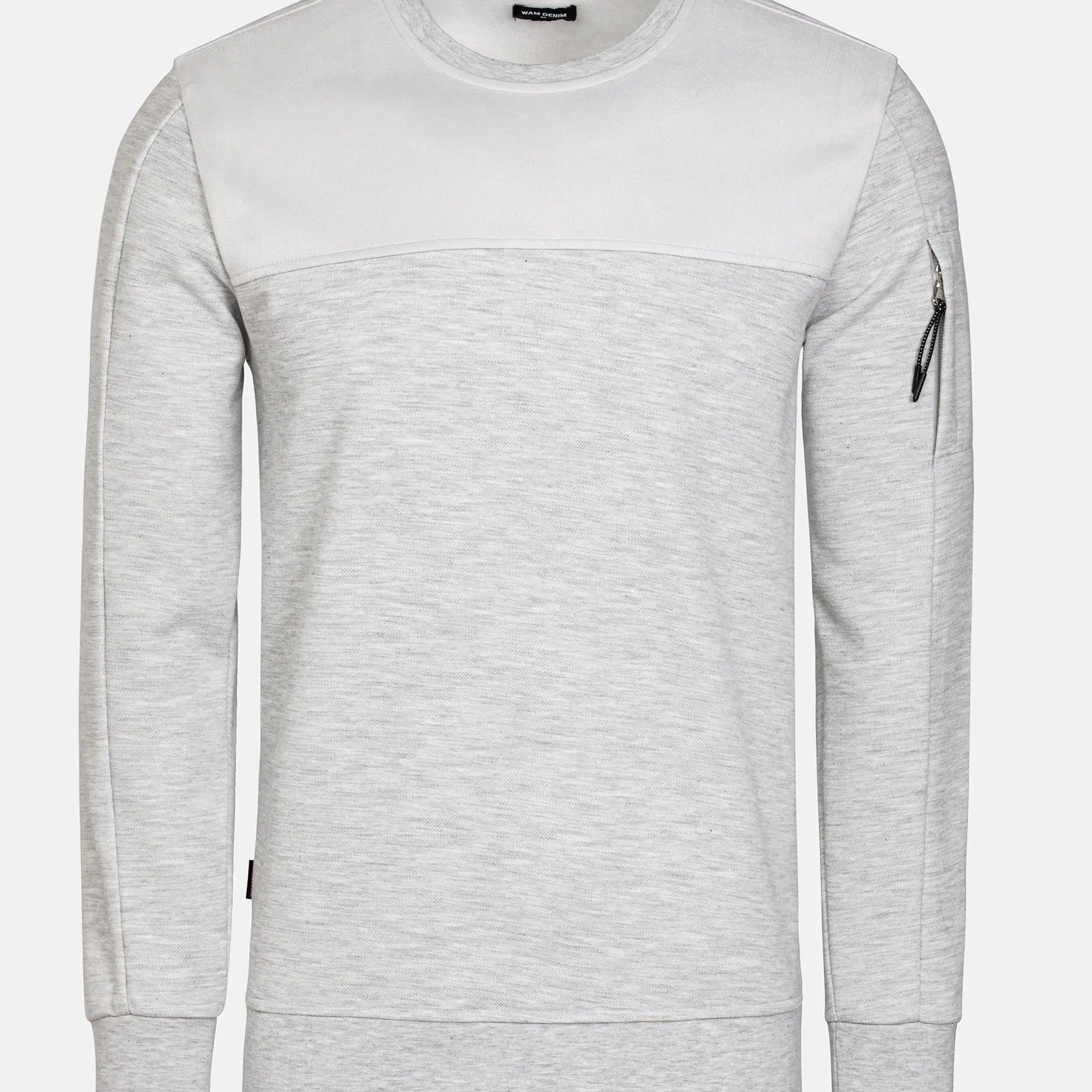 Light grey crew neck sweatshirt with zipper sleeve detail and ribbed cuffs – Wam Denim.