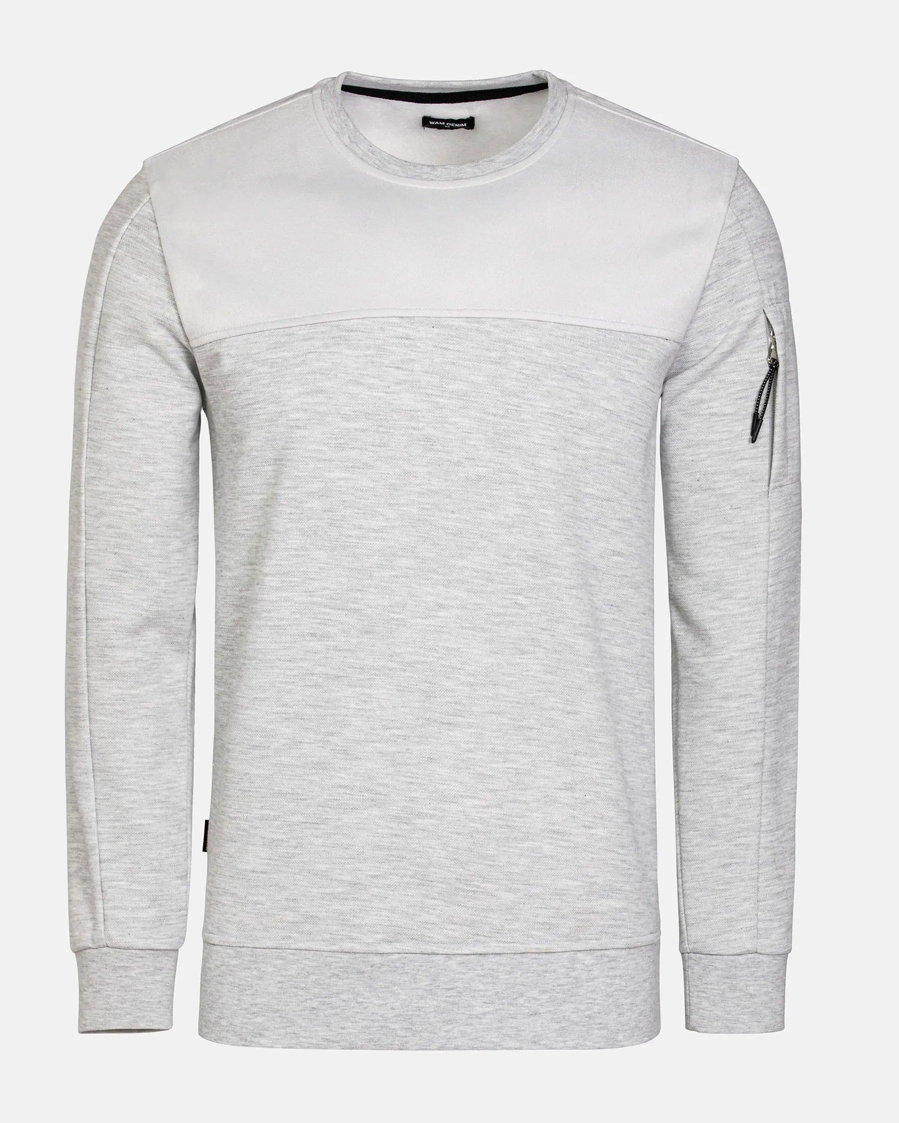 Light grey crew neck sweatshirt with zipper sleeve detail and ribbed cuffs – Wam Denim.