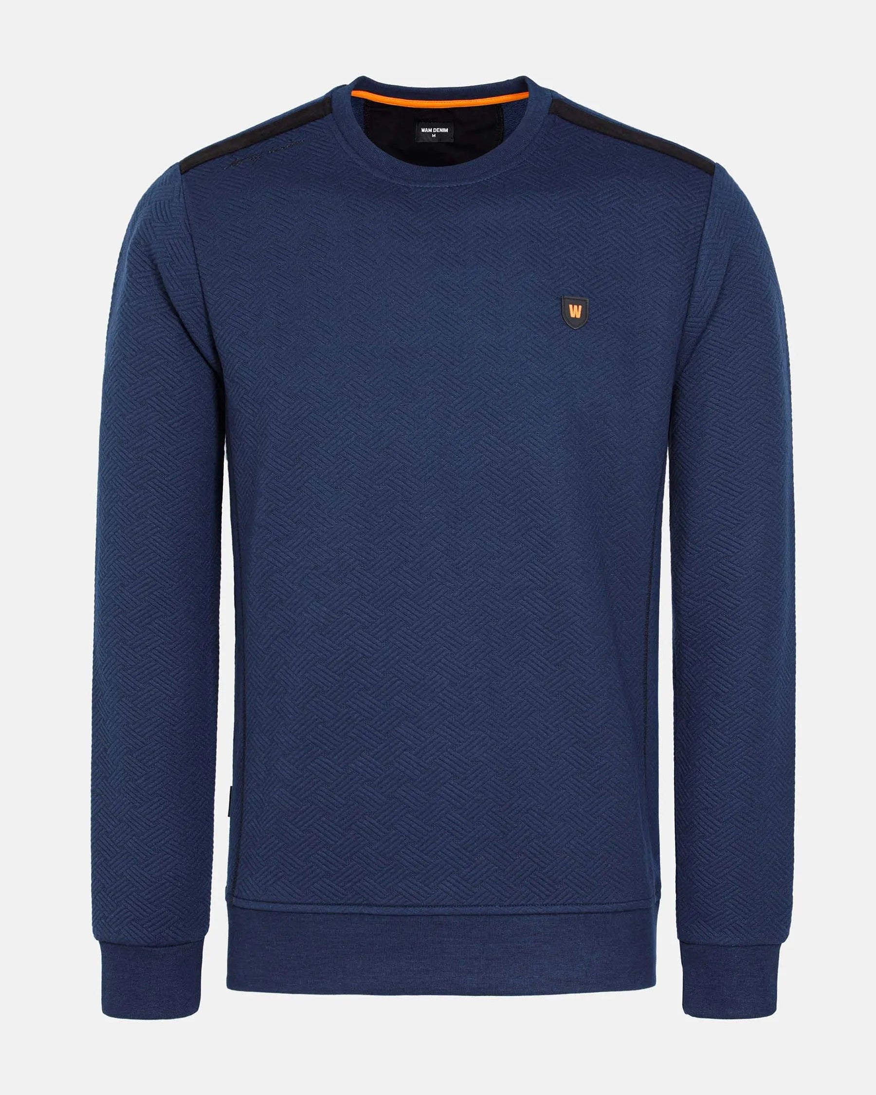 Stylish navy Moorland Sweater with logo and texture. – Wam Denim.