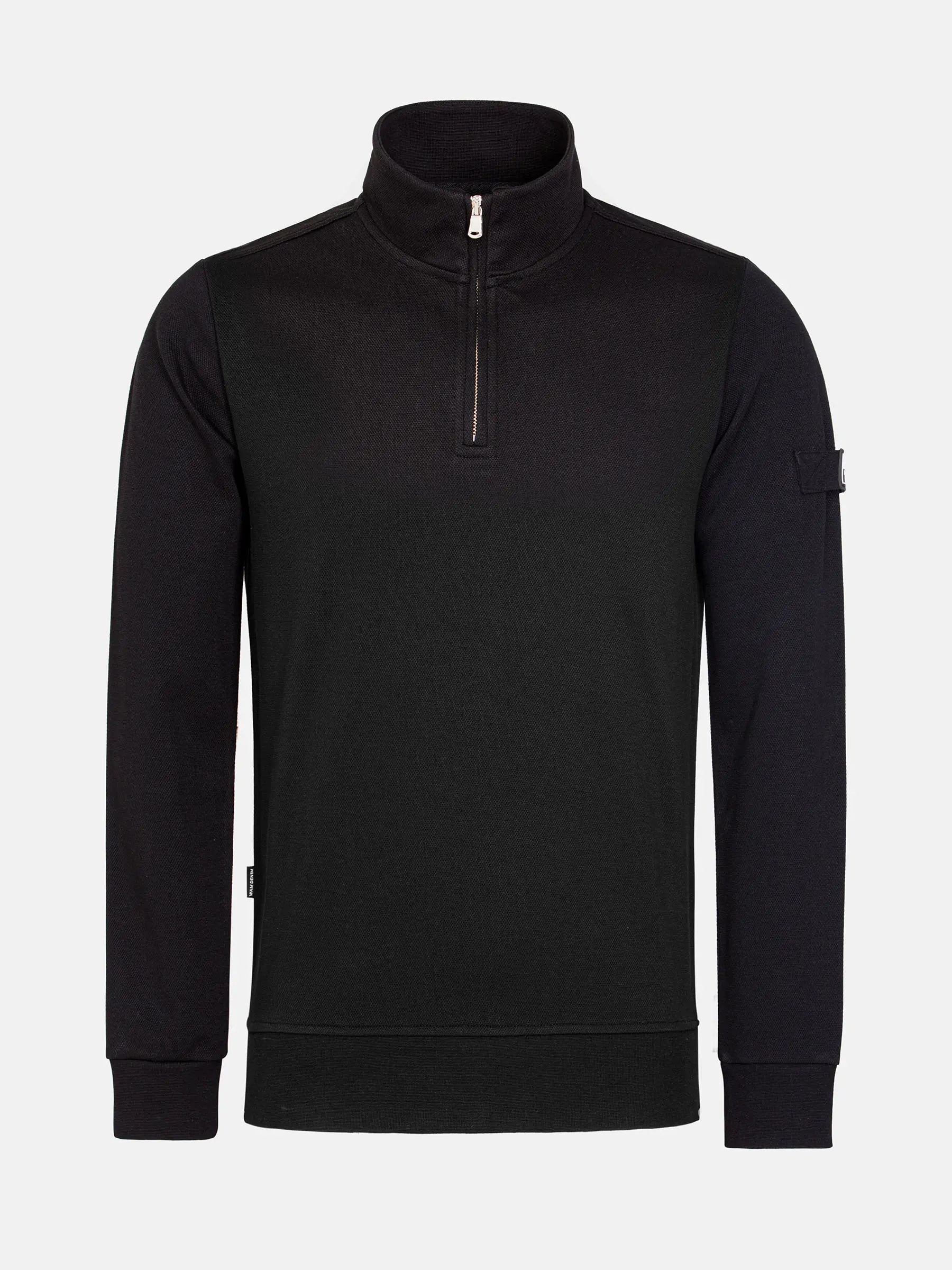 Black half-zip pullover sweater with stand collar and ribbed cuffs, casual fit – Wam Denim.