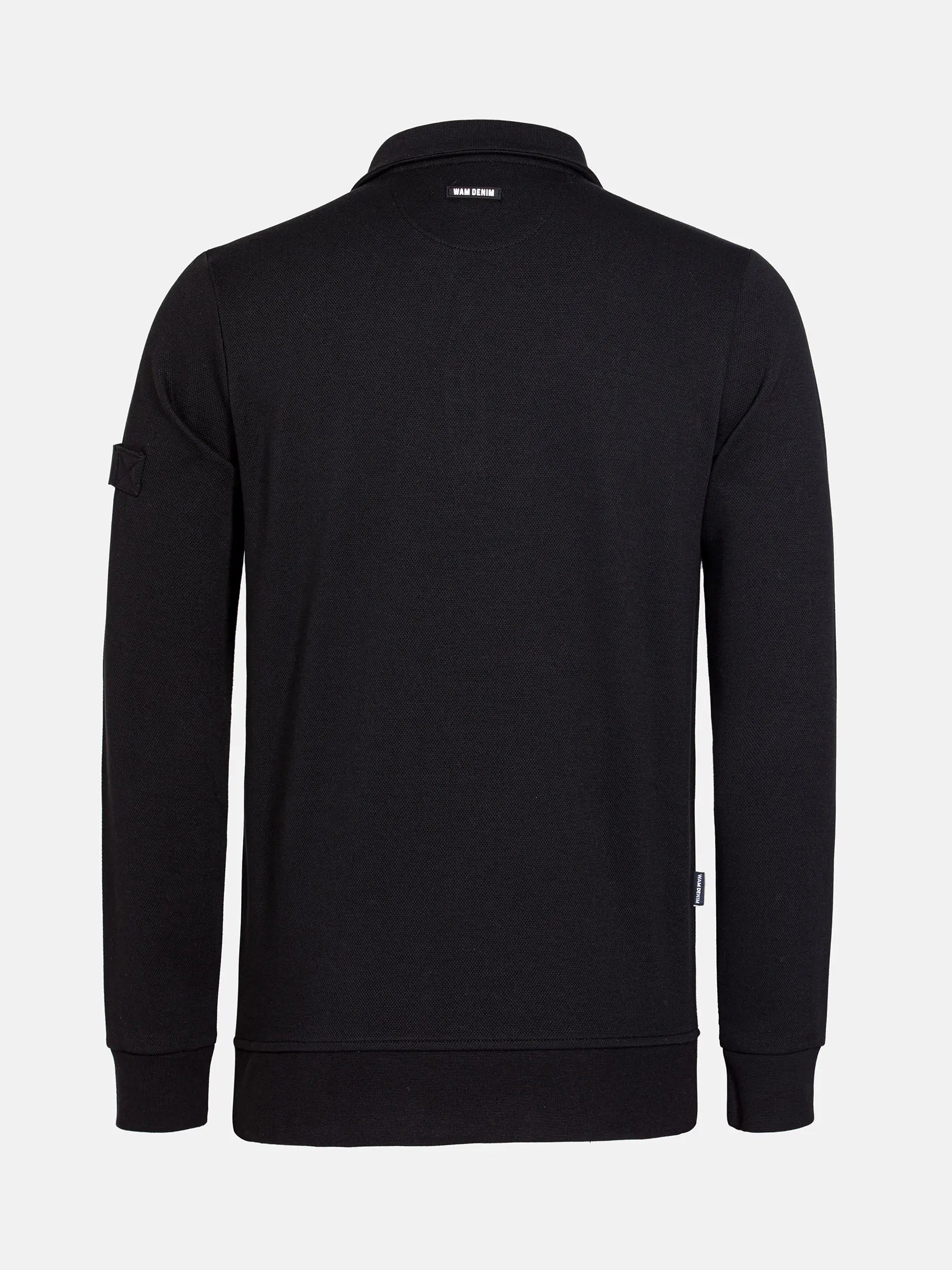 Back view of black long-sleeve quarter-zip sweater with ribbed cuffs and hem – Wam Denim.
