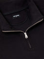 Close-up of black quarter-zip sweater with silver zipper and soft knit collar – Wam Denim.