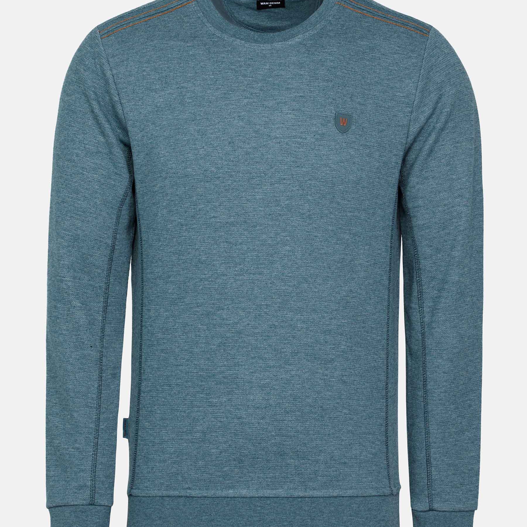 Men’s rustic petrol crew neck sweater with textured knit and chest logo – Wam Denim.