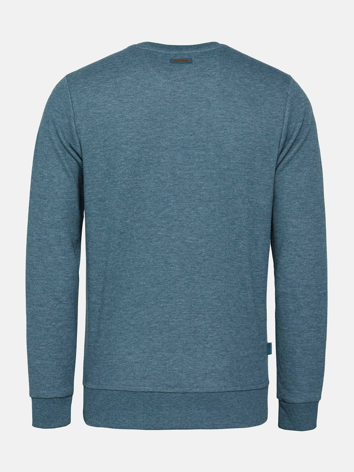 Back view of rustic petrol blue crew neck sweater with ribbed hem and cuffs – Wam Denim.