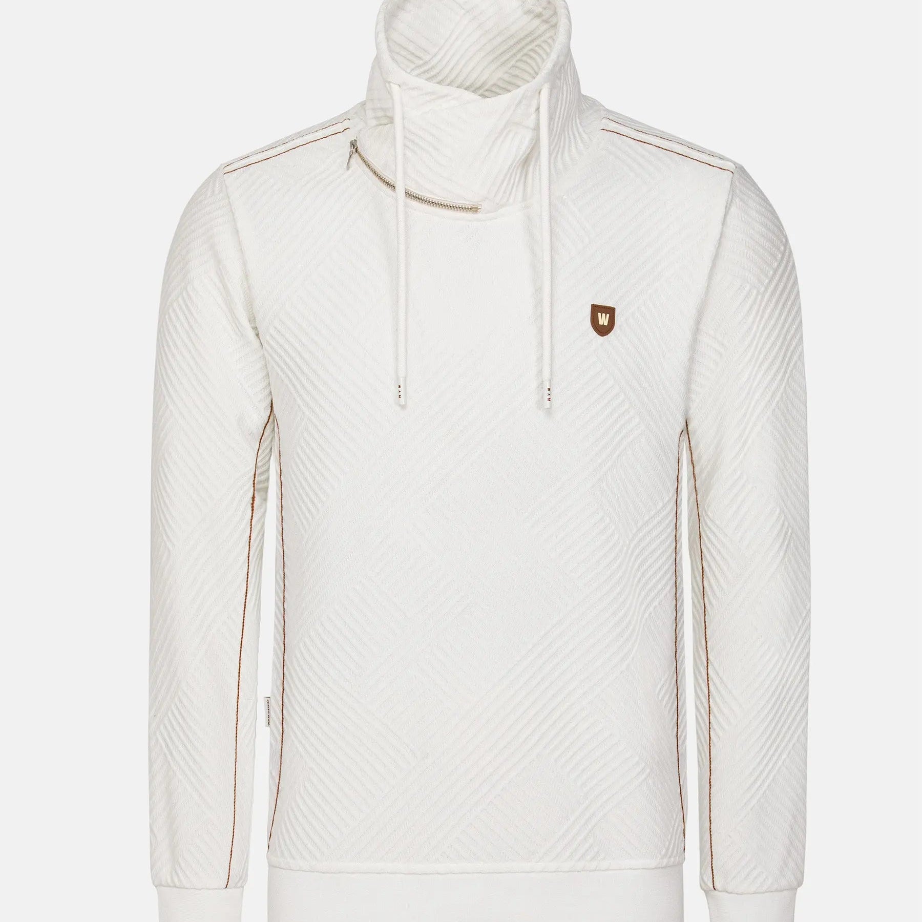 White textured turtleneck sweatshirt with drawstrings and chest logo detail – Wam Denim.