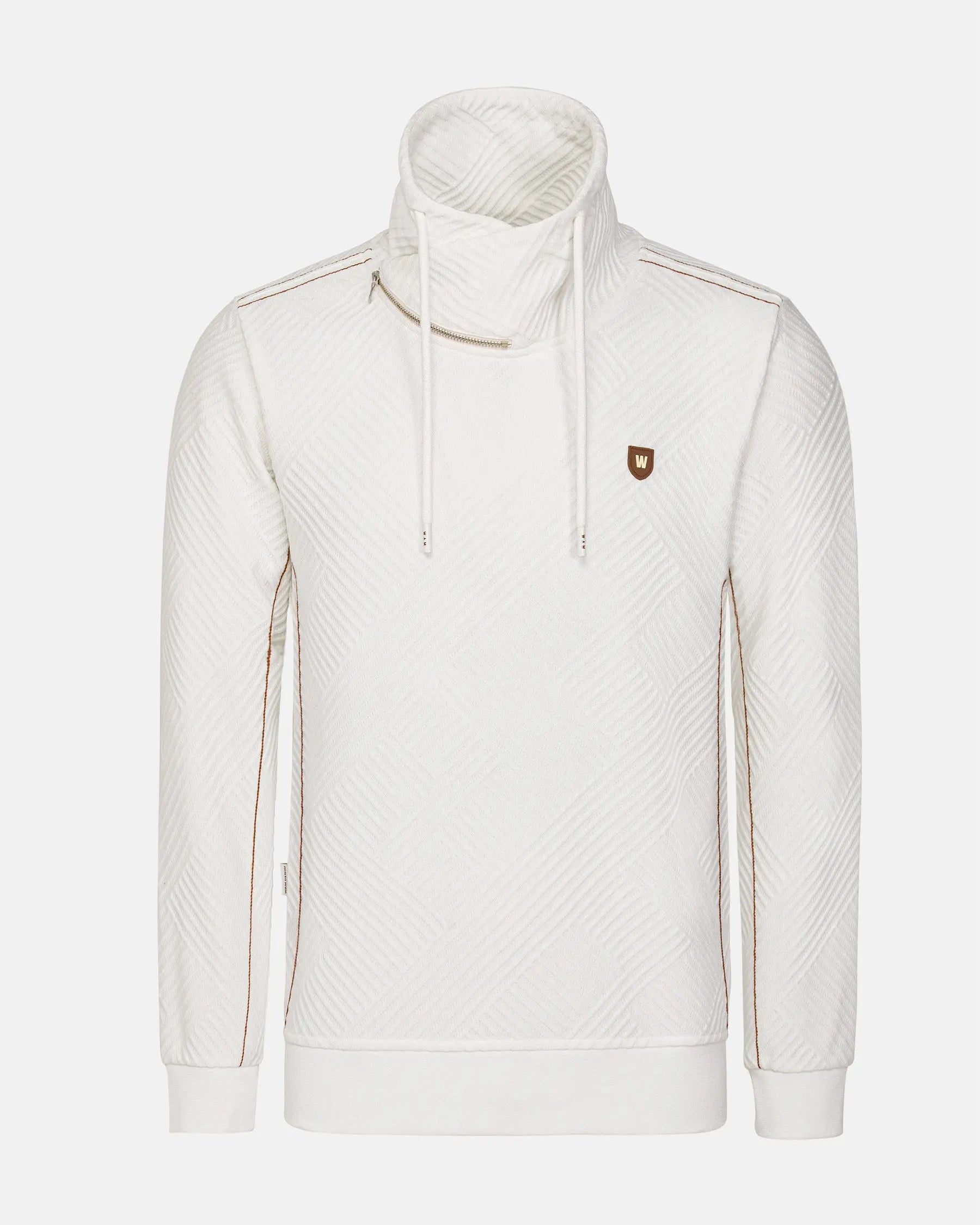 White textured turtleneck sweatshirt with drawstrings and chest logo detail – Wam Denim.