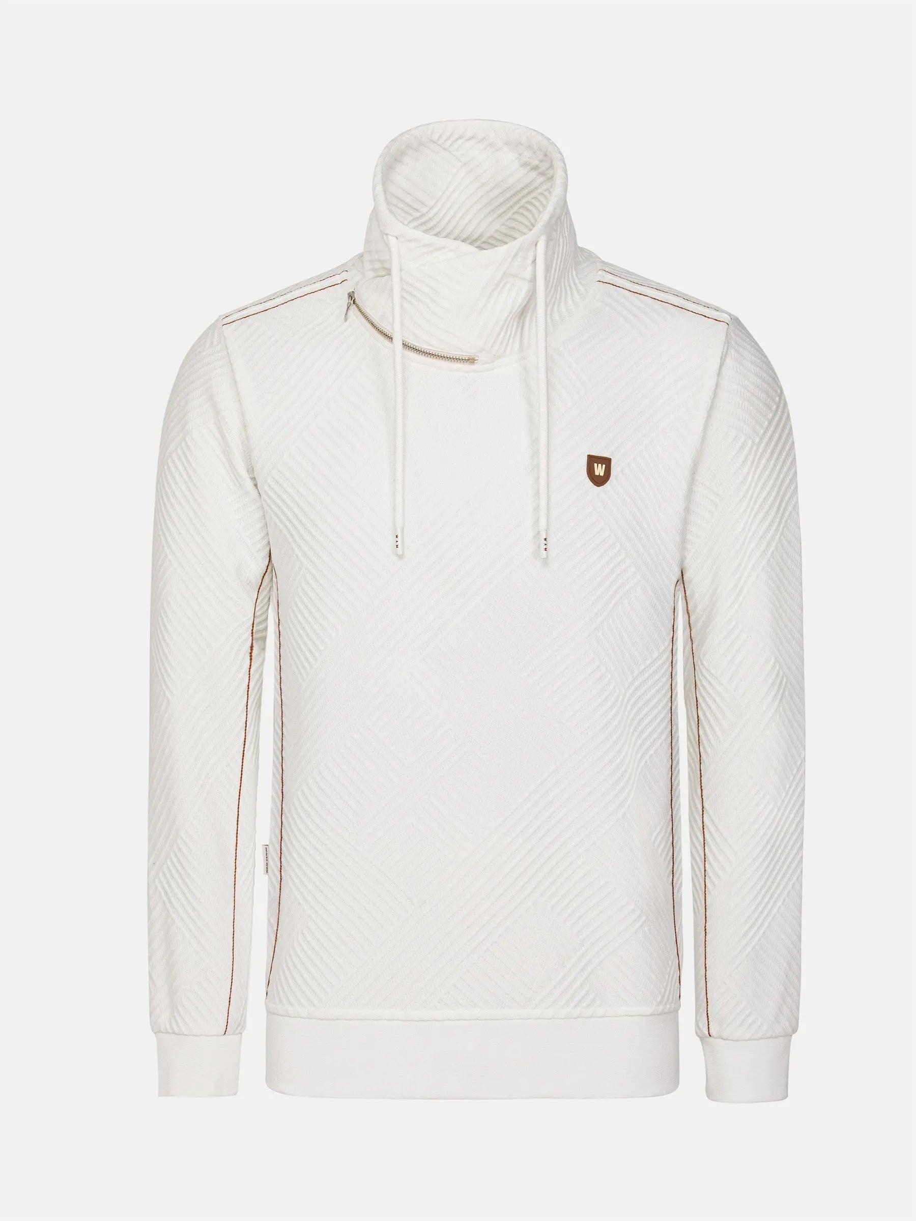White textured turtleneck sweatshirt with drawstrings and chest logo detail – Wam Denim.