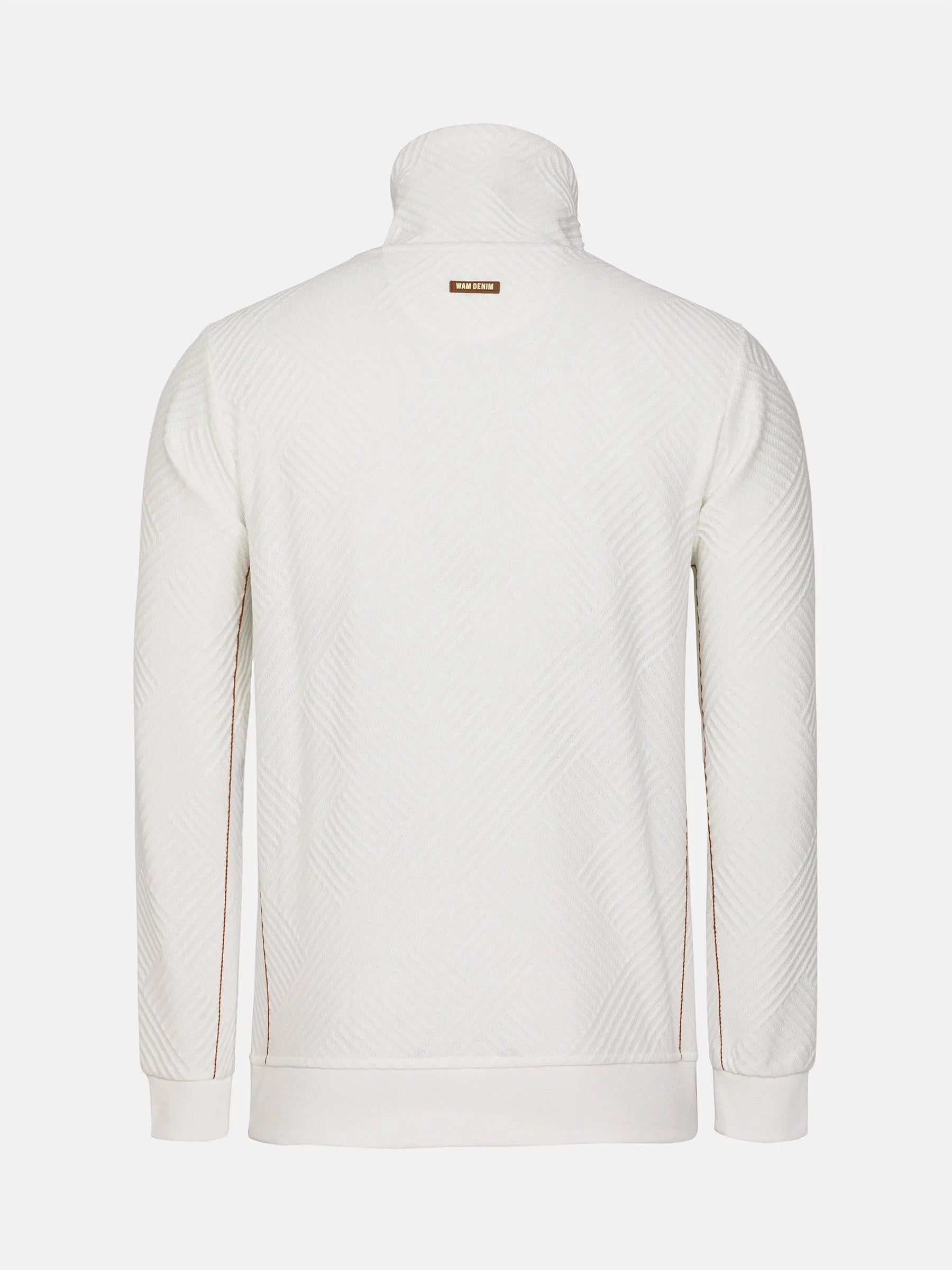 Back view of white textured turtleneck sweatshirt with ribbed hem and cuffs – Wam Denim.
