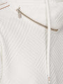 Close-up of white sweatshirt zipper and drawstring with textured geometric pattern – Wam Denim.