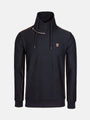 Black high-neck sweater with zipper detail and brown stitching accents – Wam Denim.