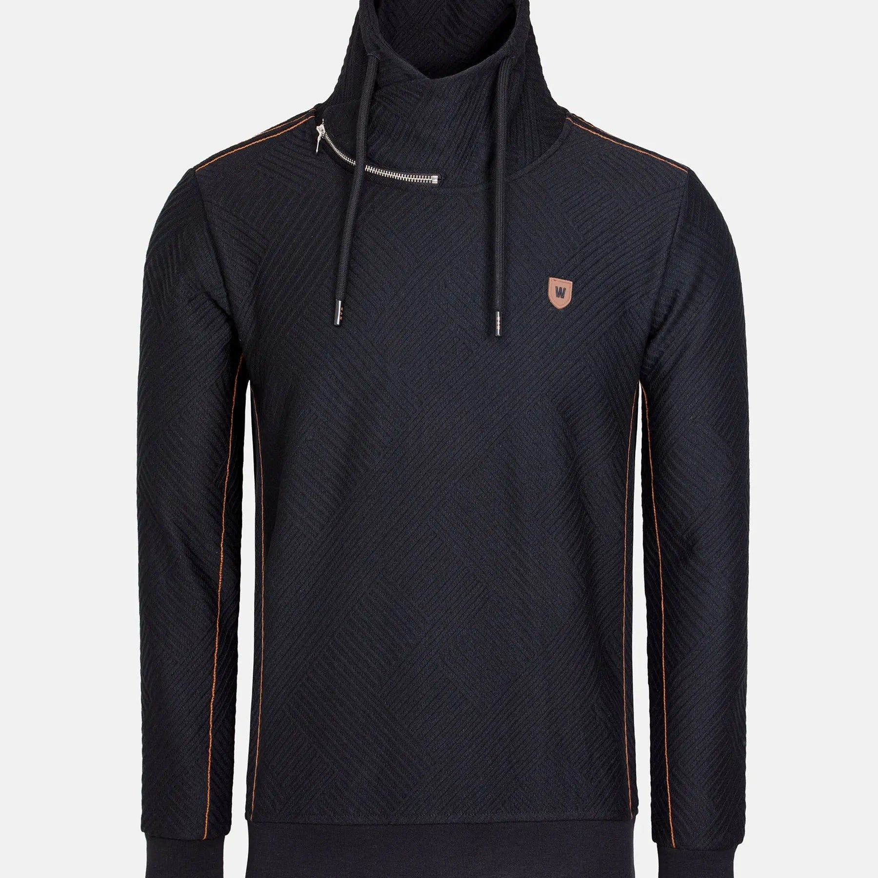 Black high-neck sweater with zipper detail and brown stitching accents – Wam Denim.