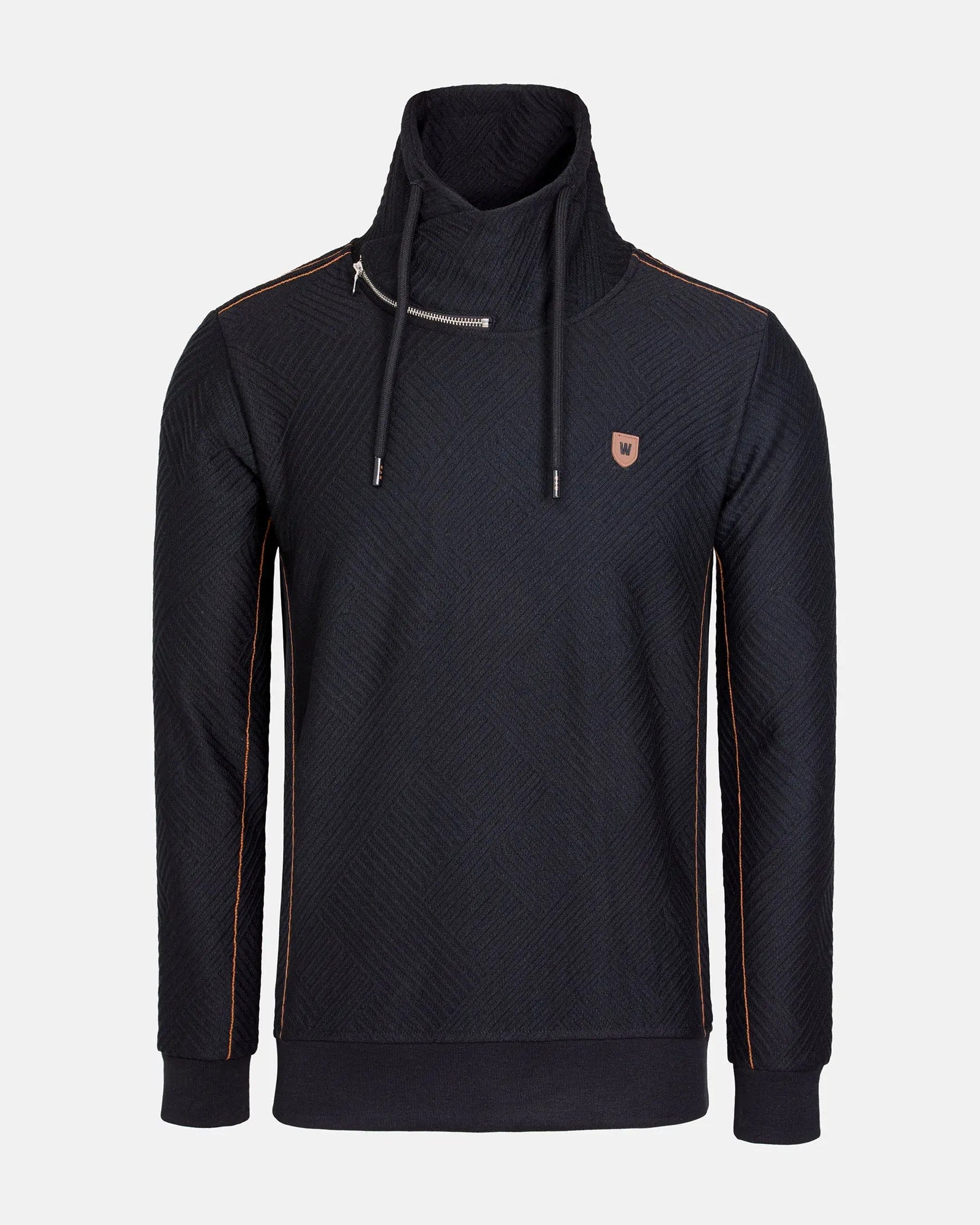 Black high-neck sweater with zipper detail and brown stitching accents – Wam Denim.