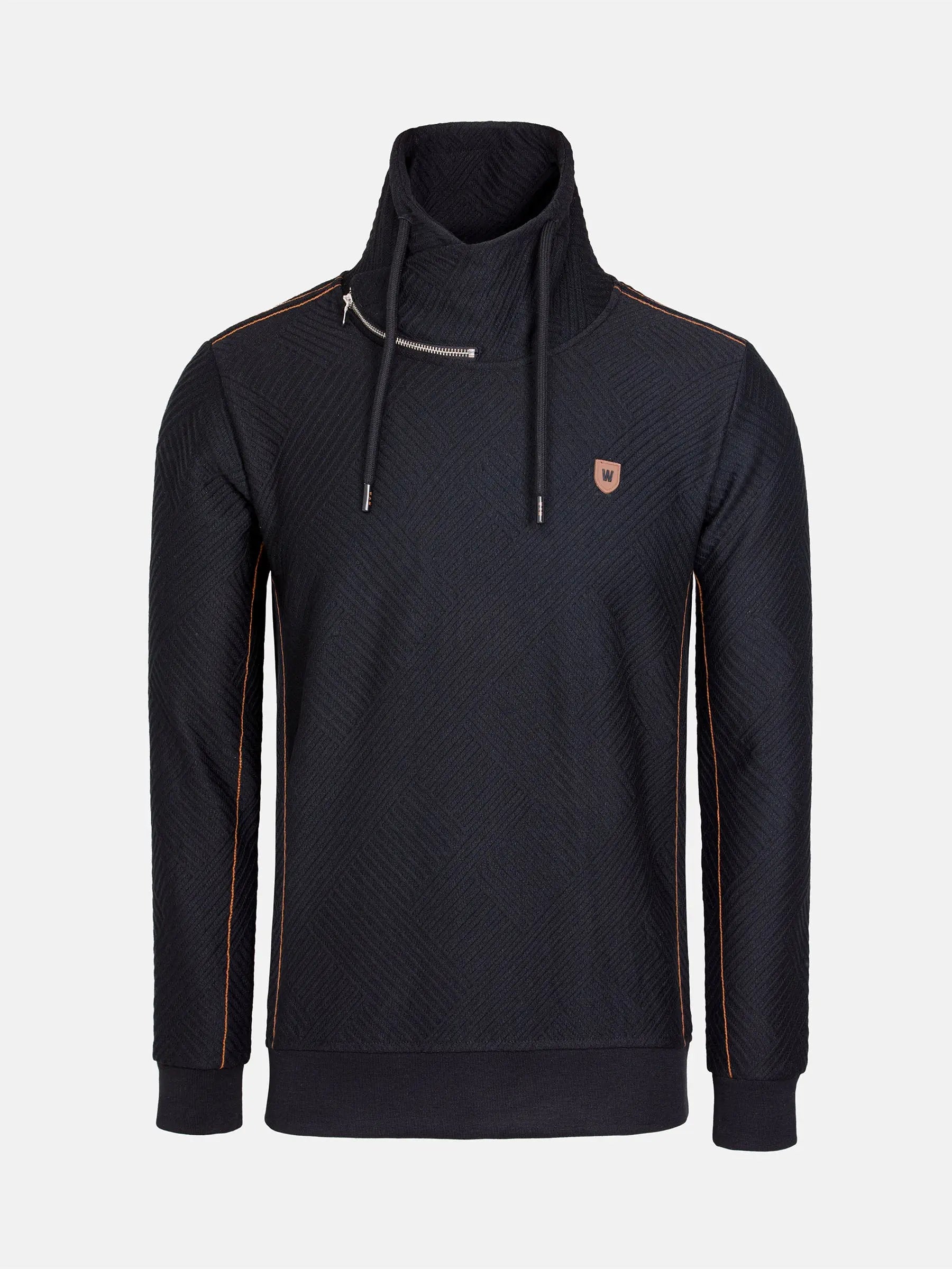 Black high-neck sweater with zipper detail and brown stitching accents – Wam Denim.