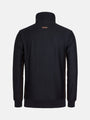 Back view of black textured sweater with brown seam detailing – Wam Denim.
